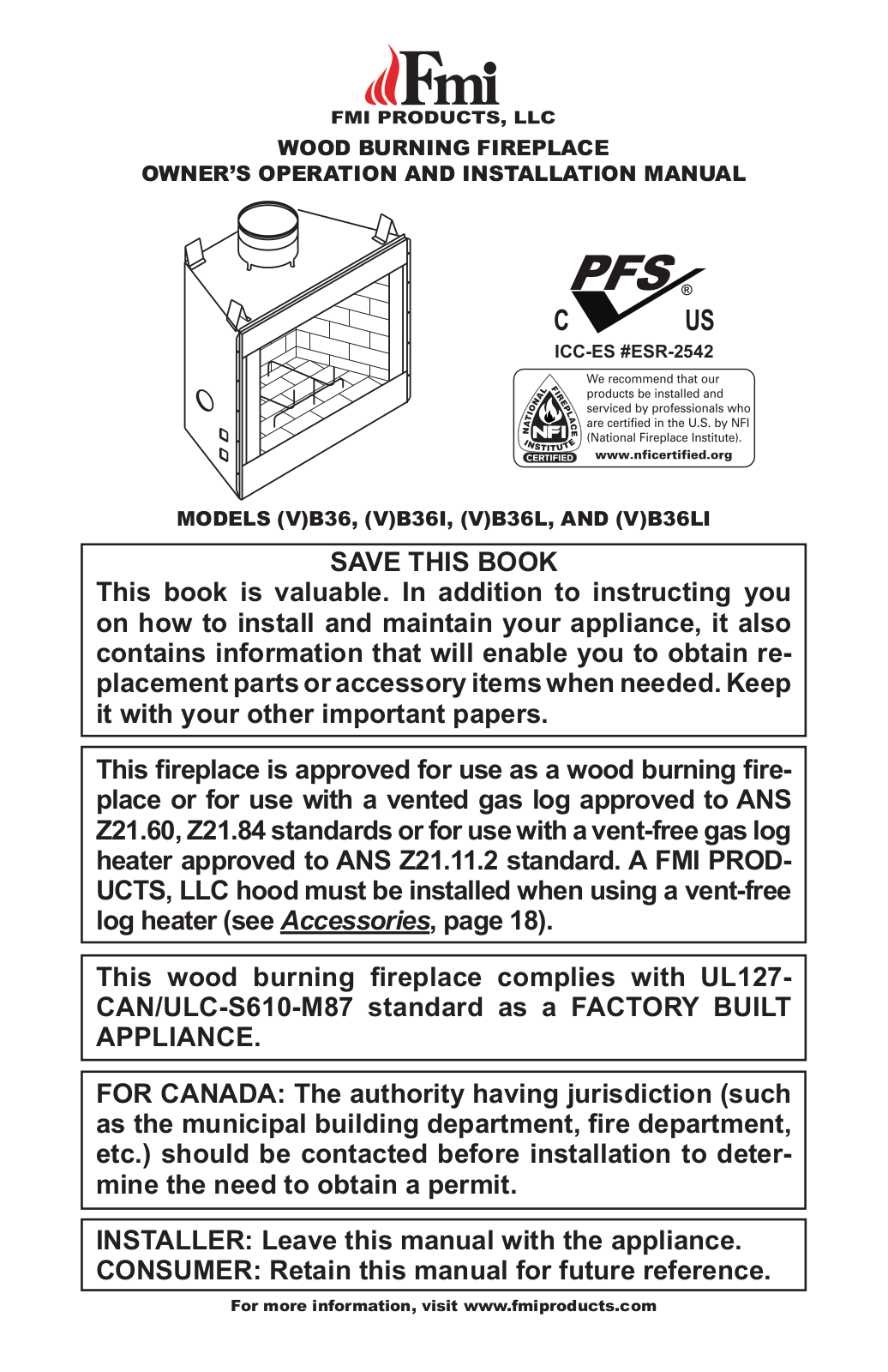 FMI B36, VB36I, VB36, B36I, B36L Owner's Operation And Installation Manual