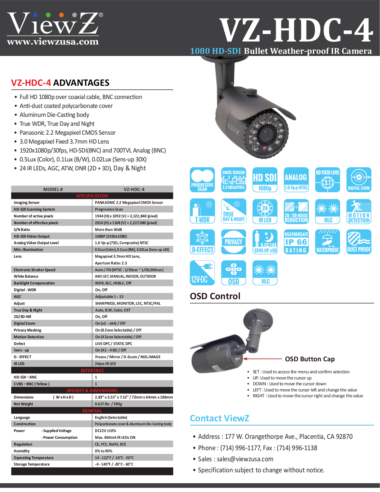 ViewZ VZ-HDC-4 Specsheet