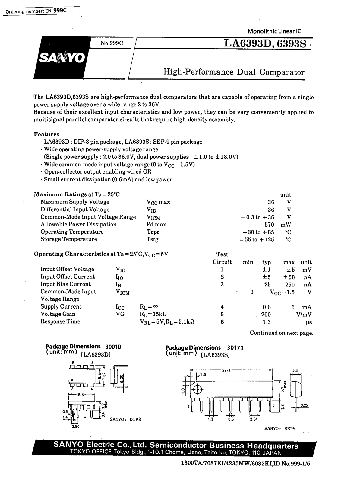 SANYO LA6393S, LA6393D Datasheet