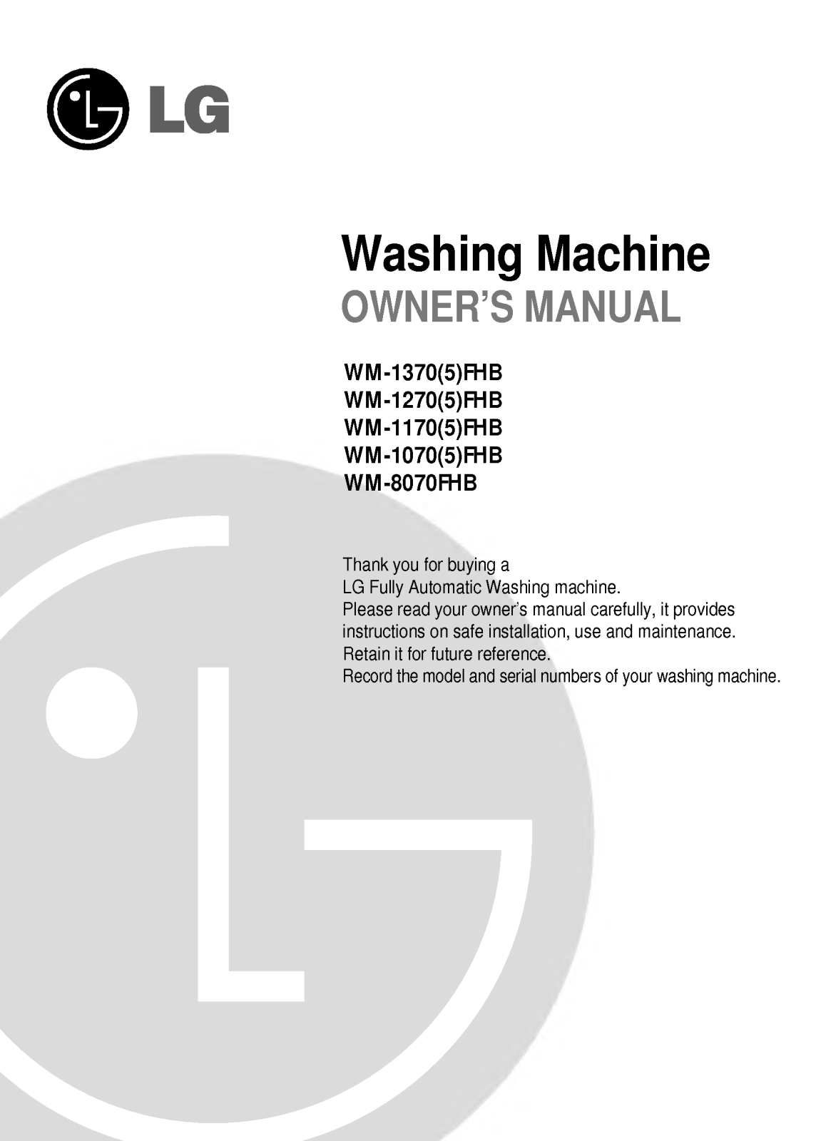 LG WD-1370FHB, WM-1170FHB, WM-1375FHB, WM-1175FHB User Manual