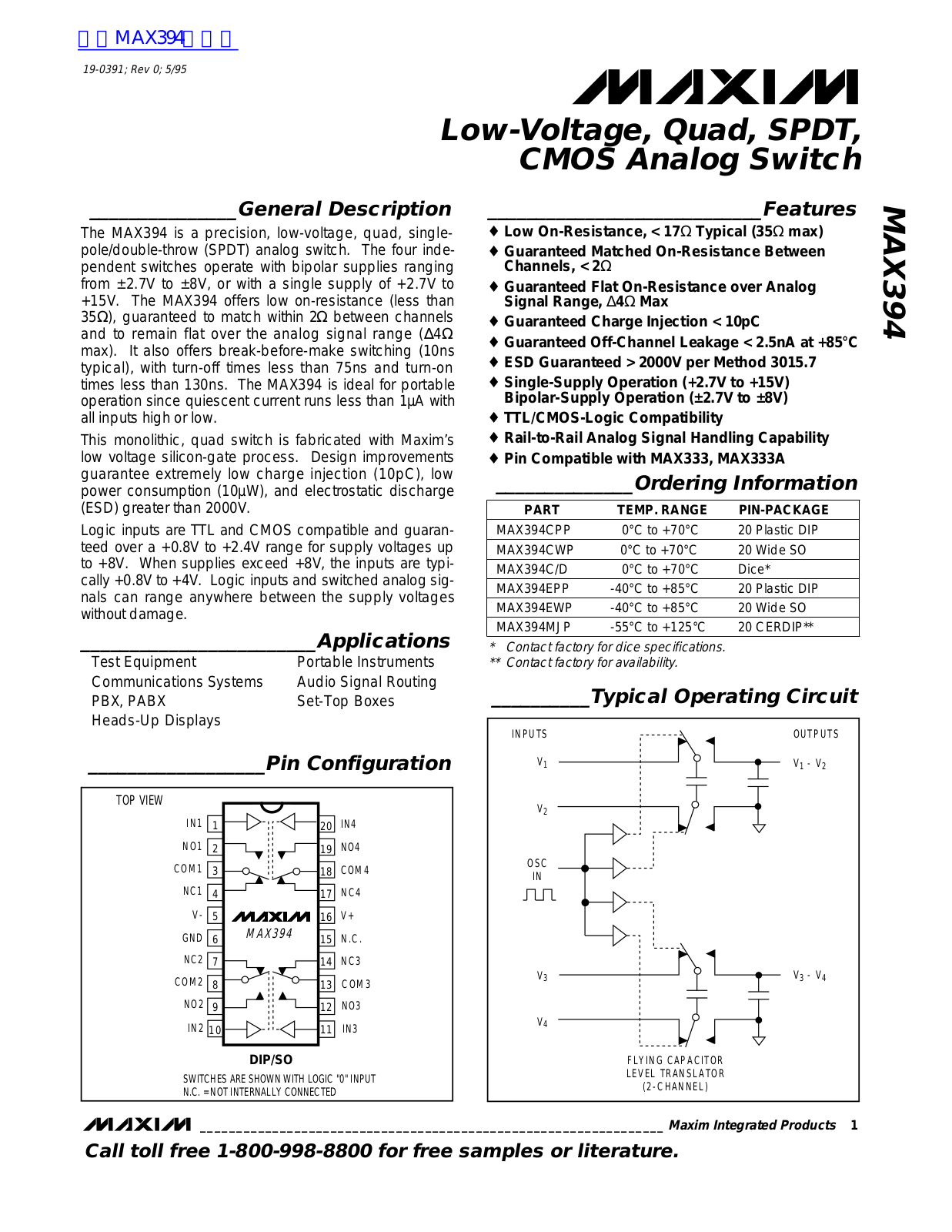 MAXIM MAX394 Technical data