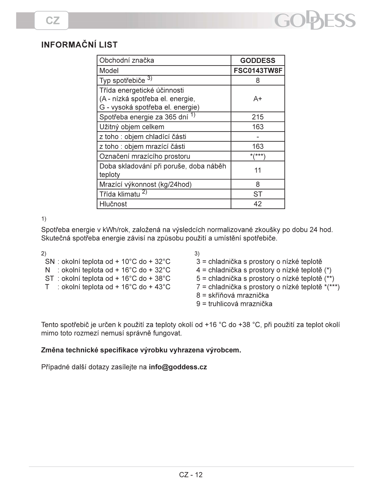 Goddess FSC0143TW8F Information sheet