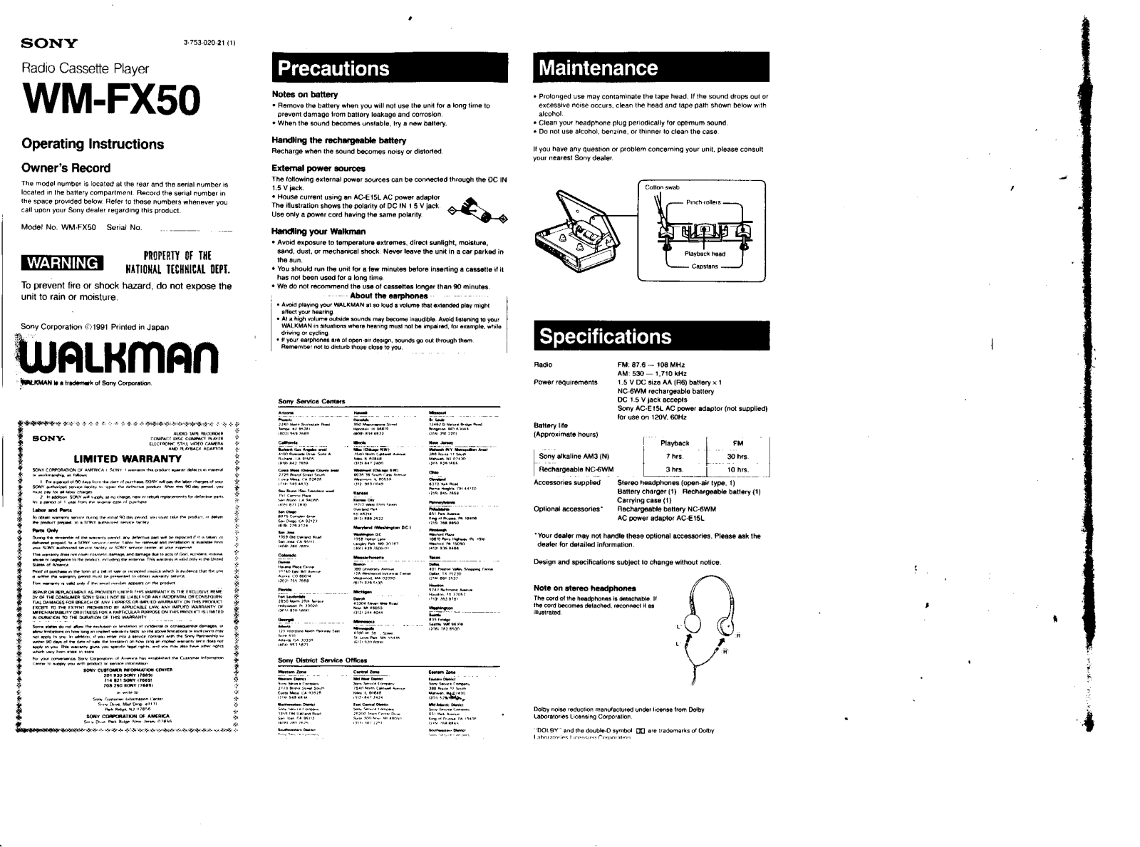 Sony WM-FX50 User Manual