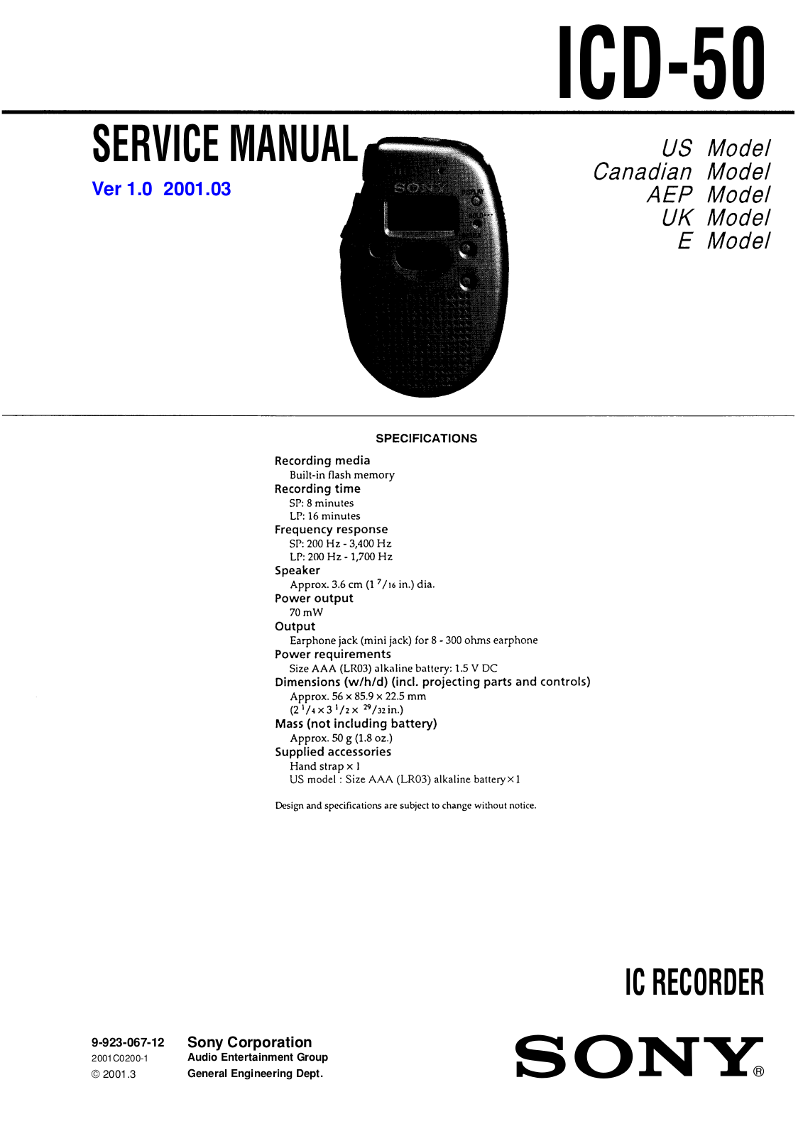 Sony ICD-50 Service manual