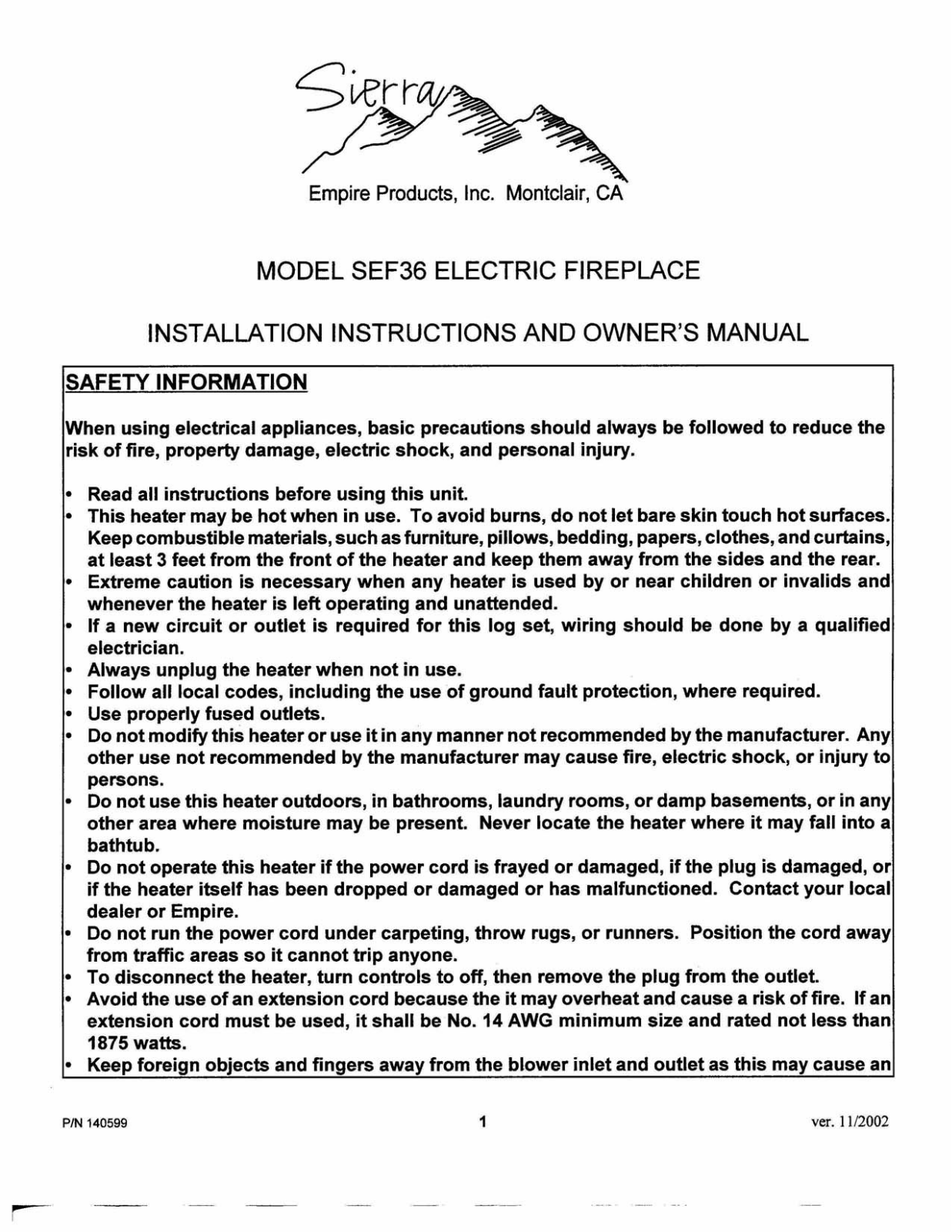 Sierra Products SEF36 User Manual