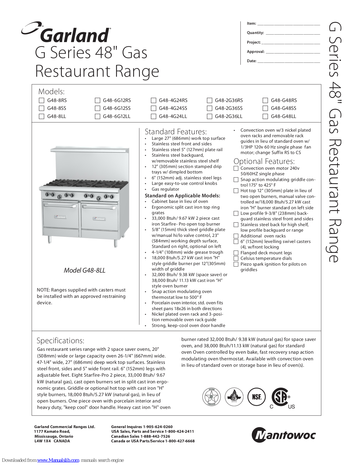 Garland G48-6G12RS, G48-G48RS, G48-4G24RS, G48-8SS, G48-6G12SS Specification