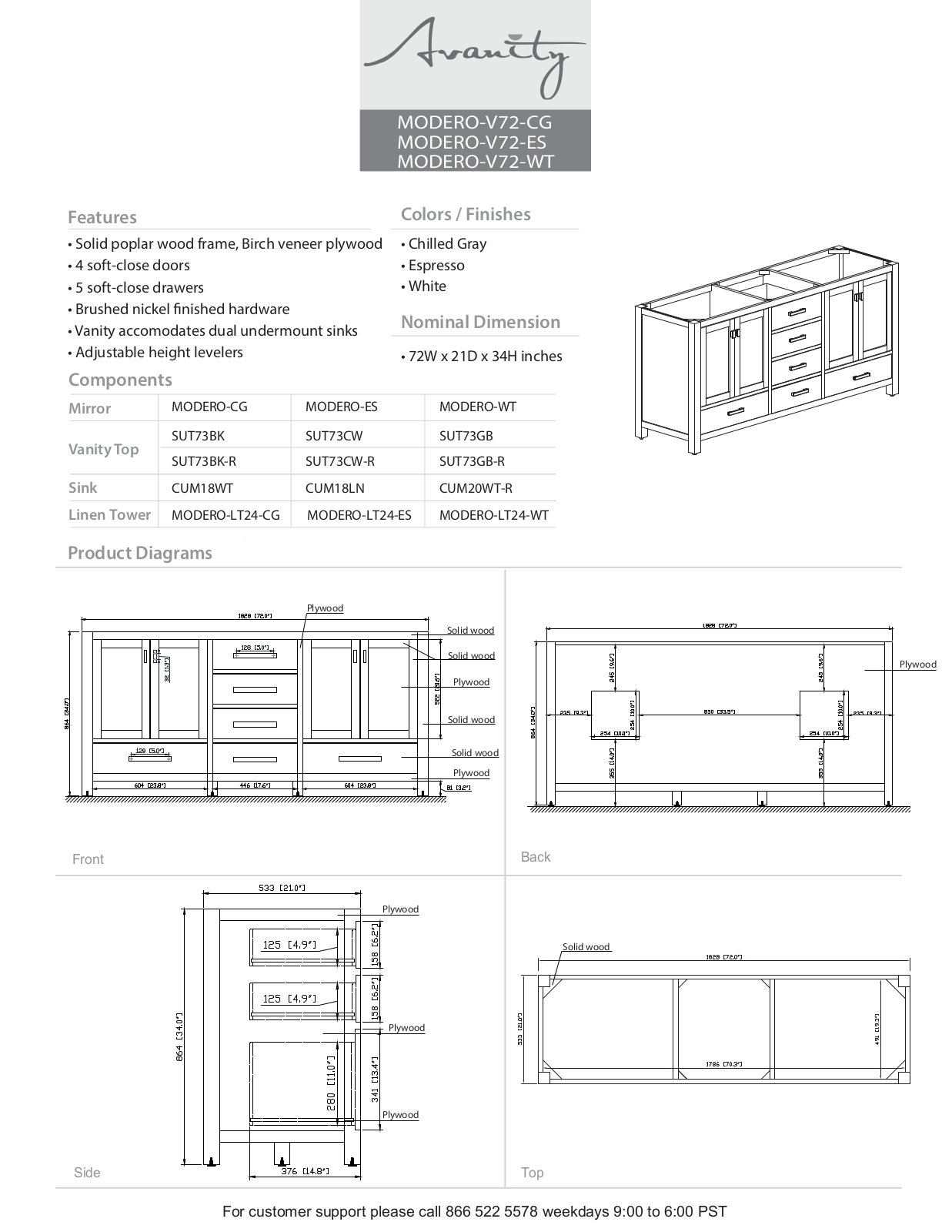 Avanity MODEROV72NB Specifications