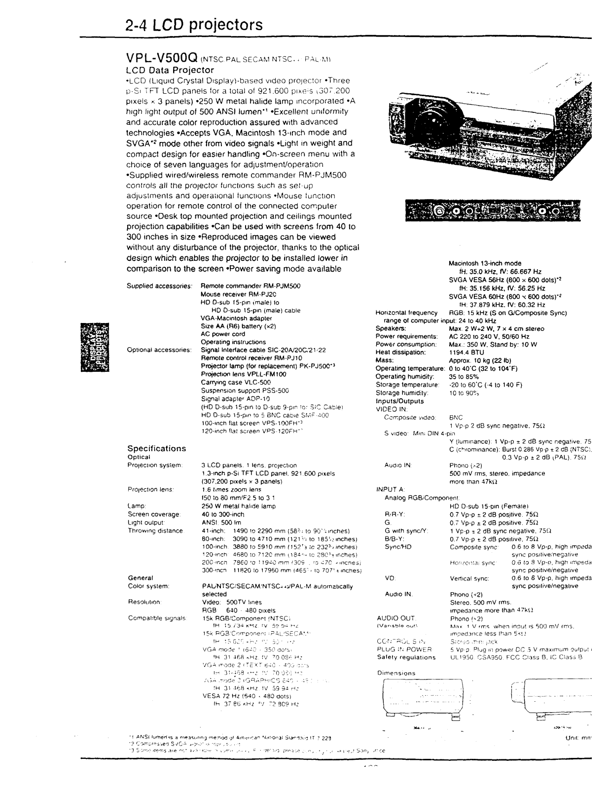 Sony VPL-V500Q Product Sheet