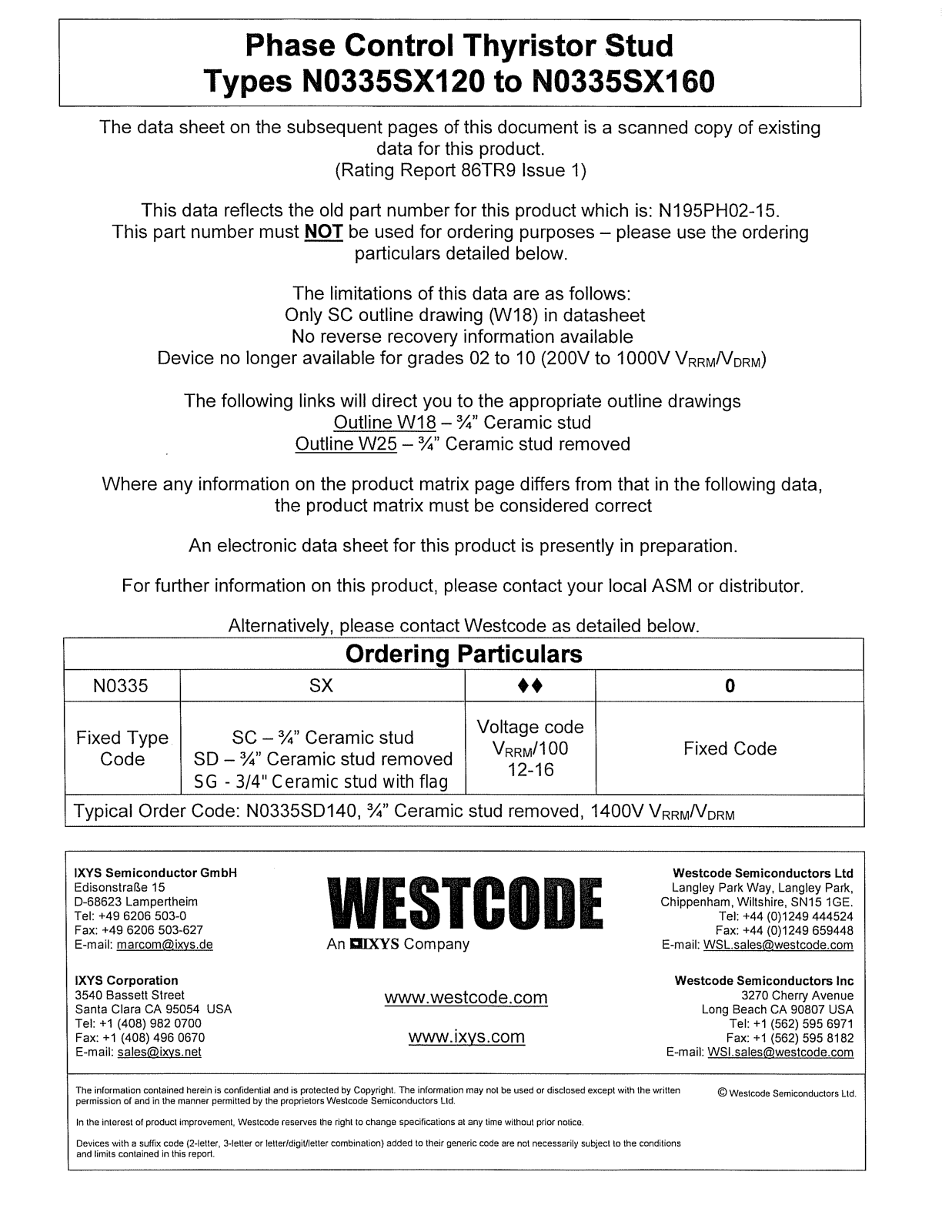 Westcode Semiconductors N0335SX120, N0335SX160 Data Sheet