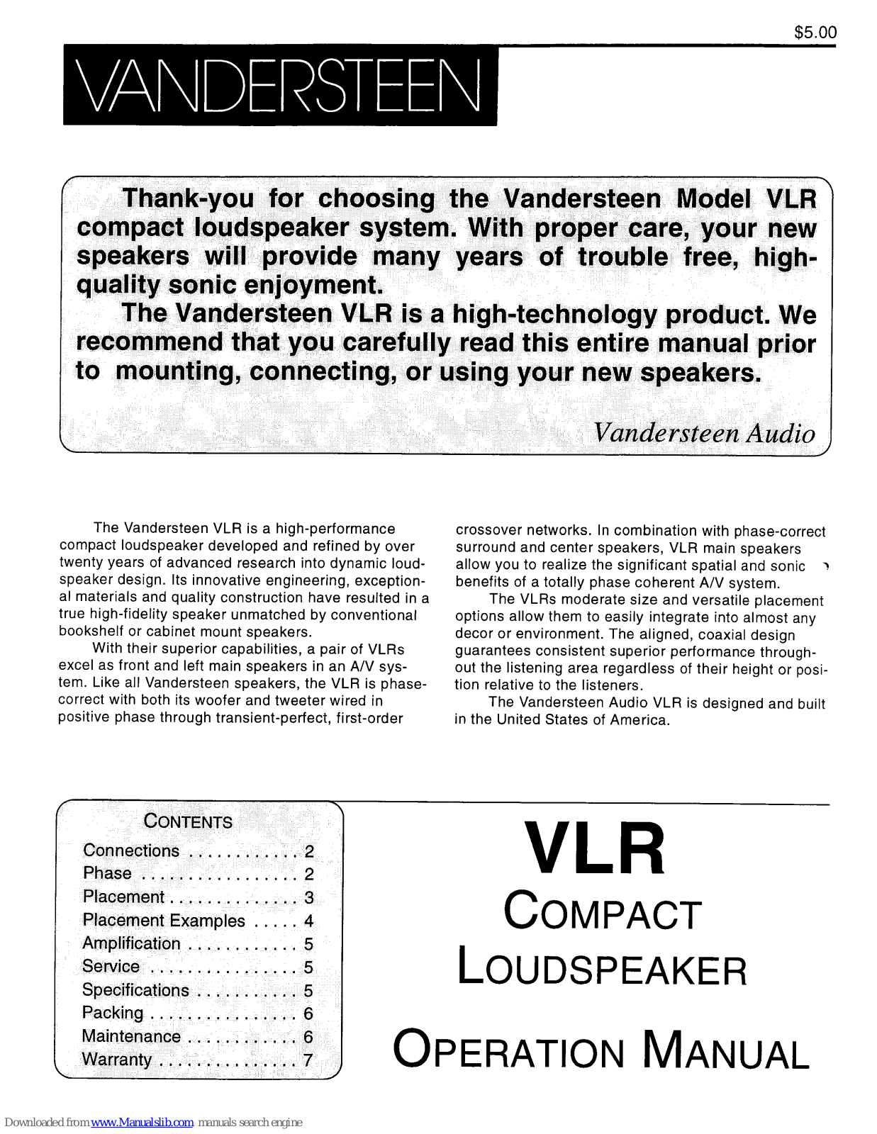 Vandersteen Audio VLR Operation Manual