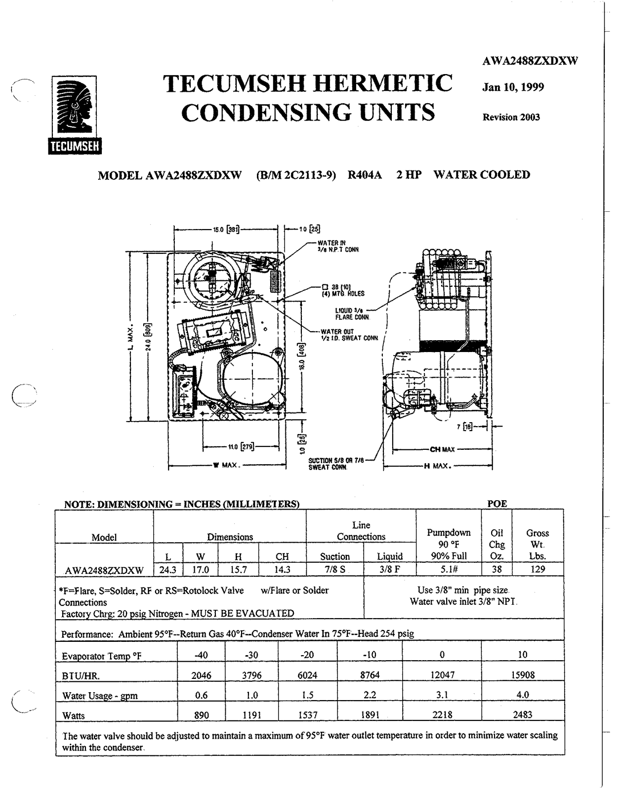 Tecumseh AWA2488ZXDXW Performance Data Sheet