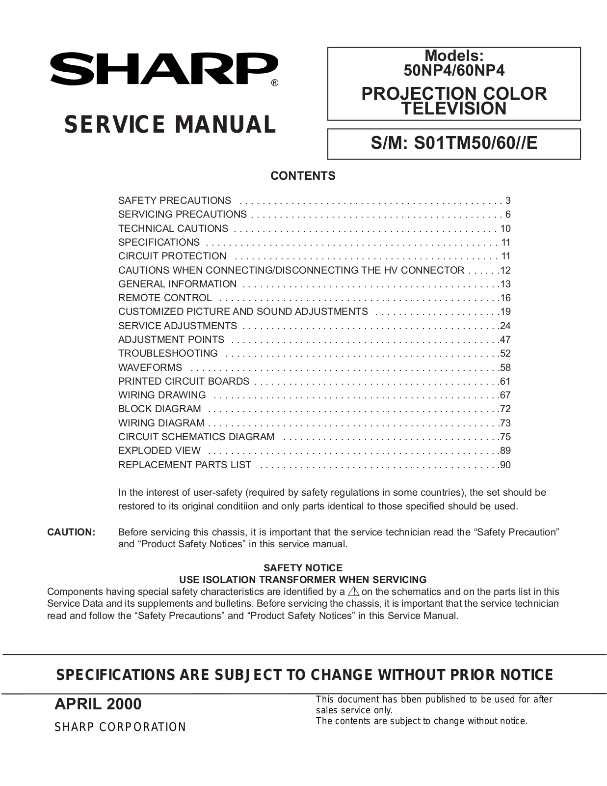 SHARP 60NP4, 50NP4 Service Manual
