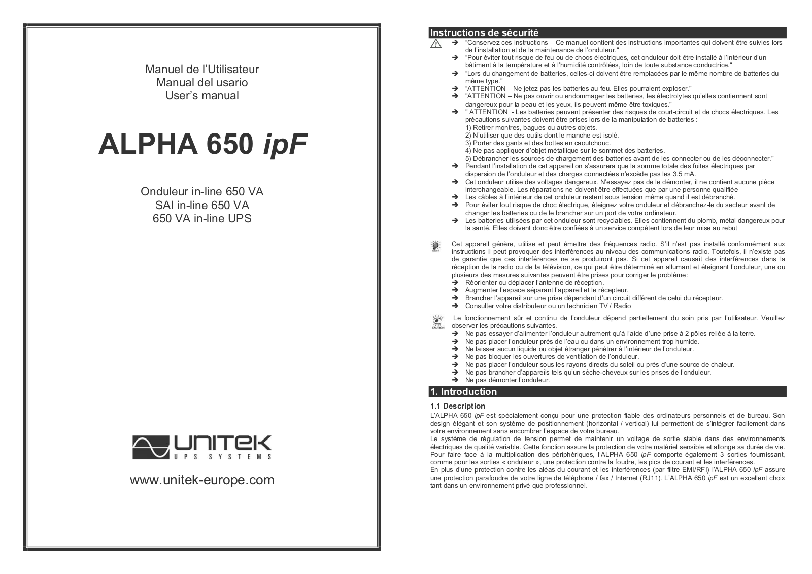 UNITEK ALPHA 650 ipF User Manual