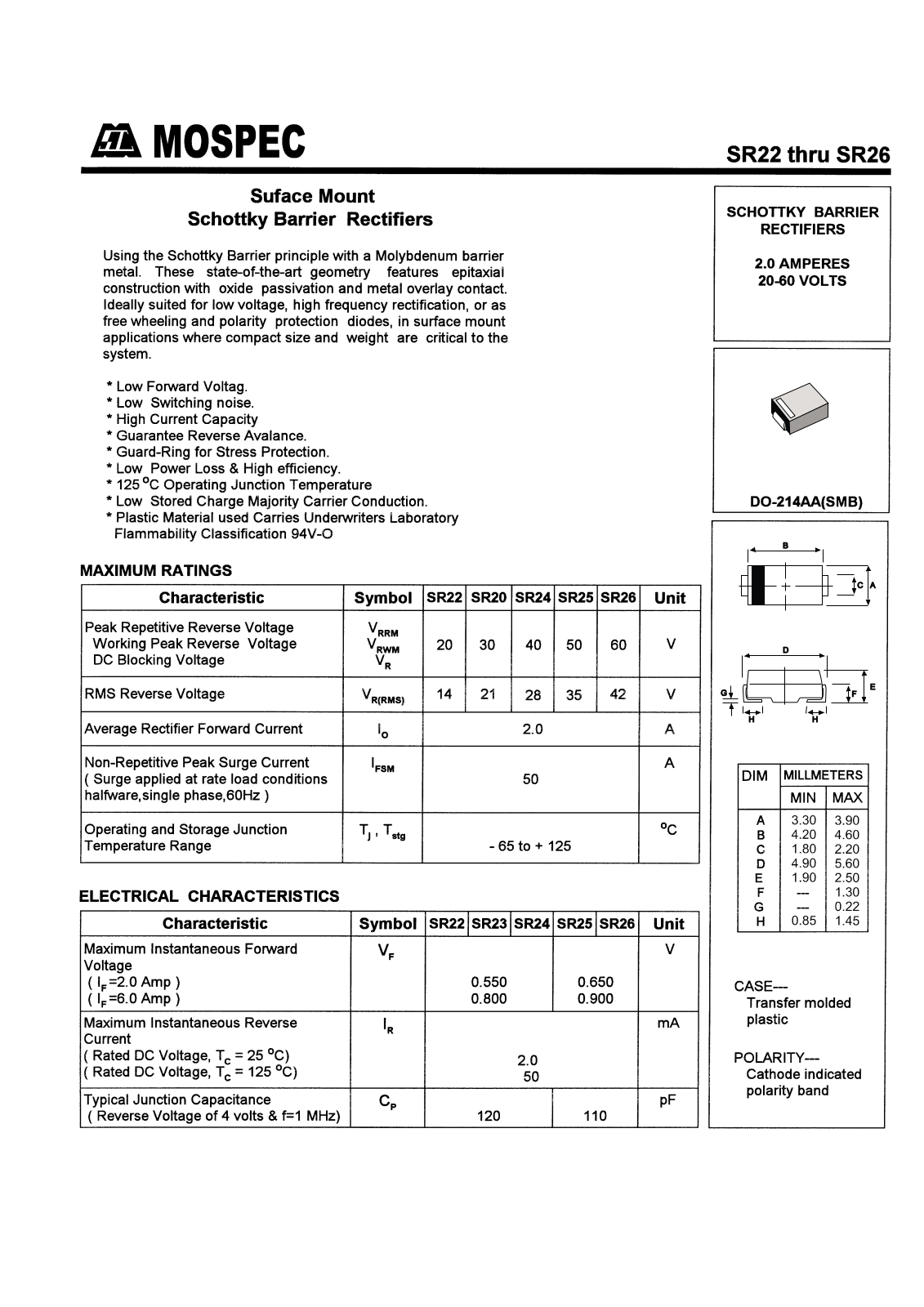 MOSPEC SR25, SR24, SR23, SR26 Datasheet