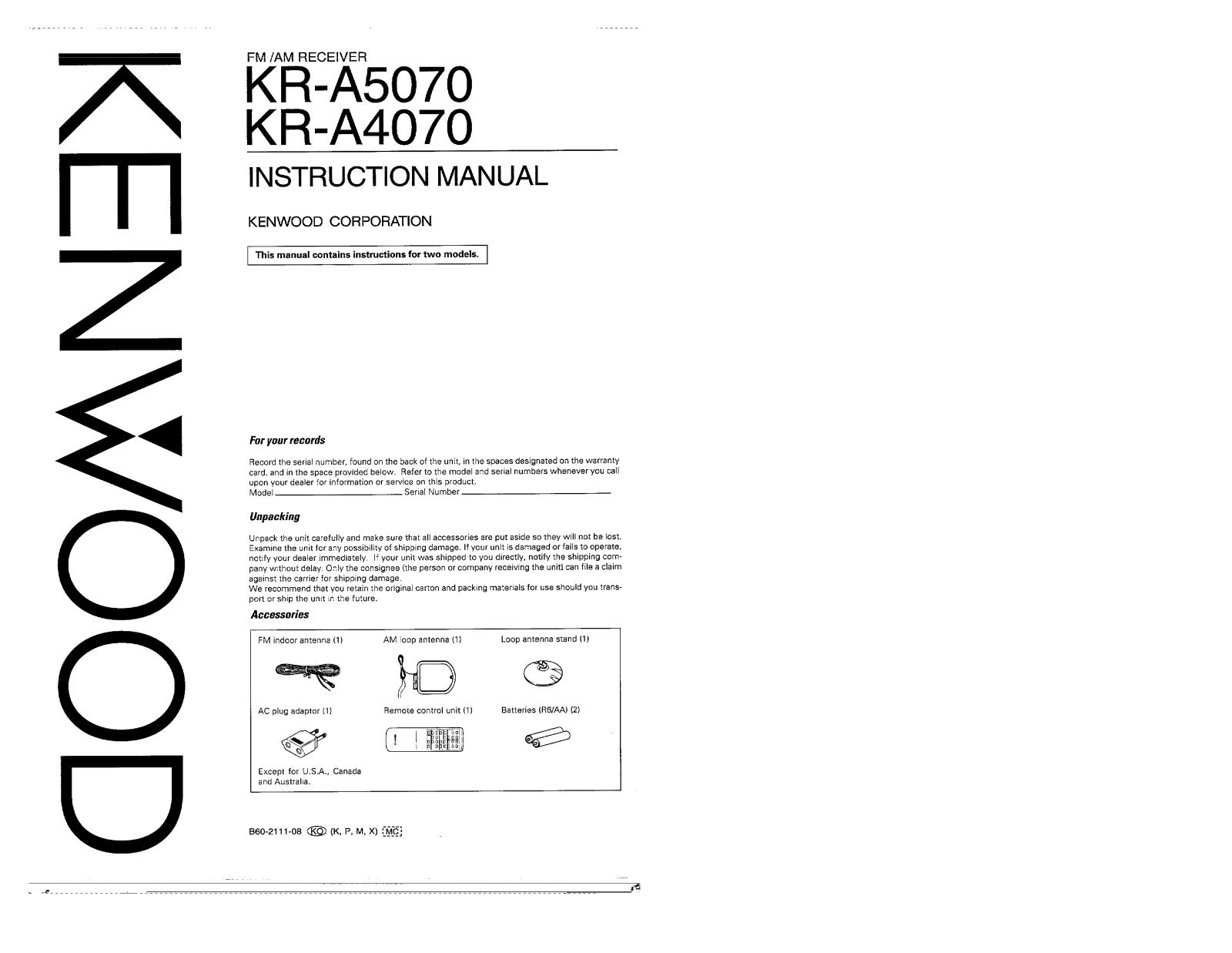 Kenwood KR-A5070, KR-A4070 Owner's Manual