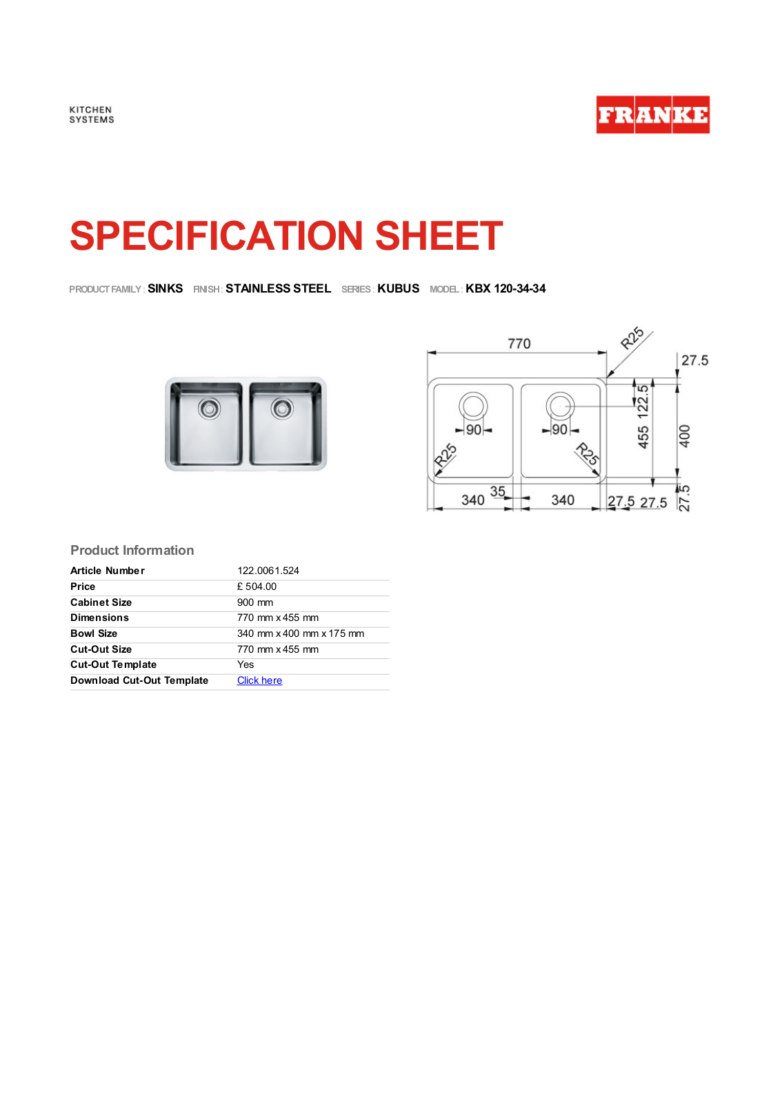 Franke Foodservice KBX 120-34-34 User Manual