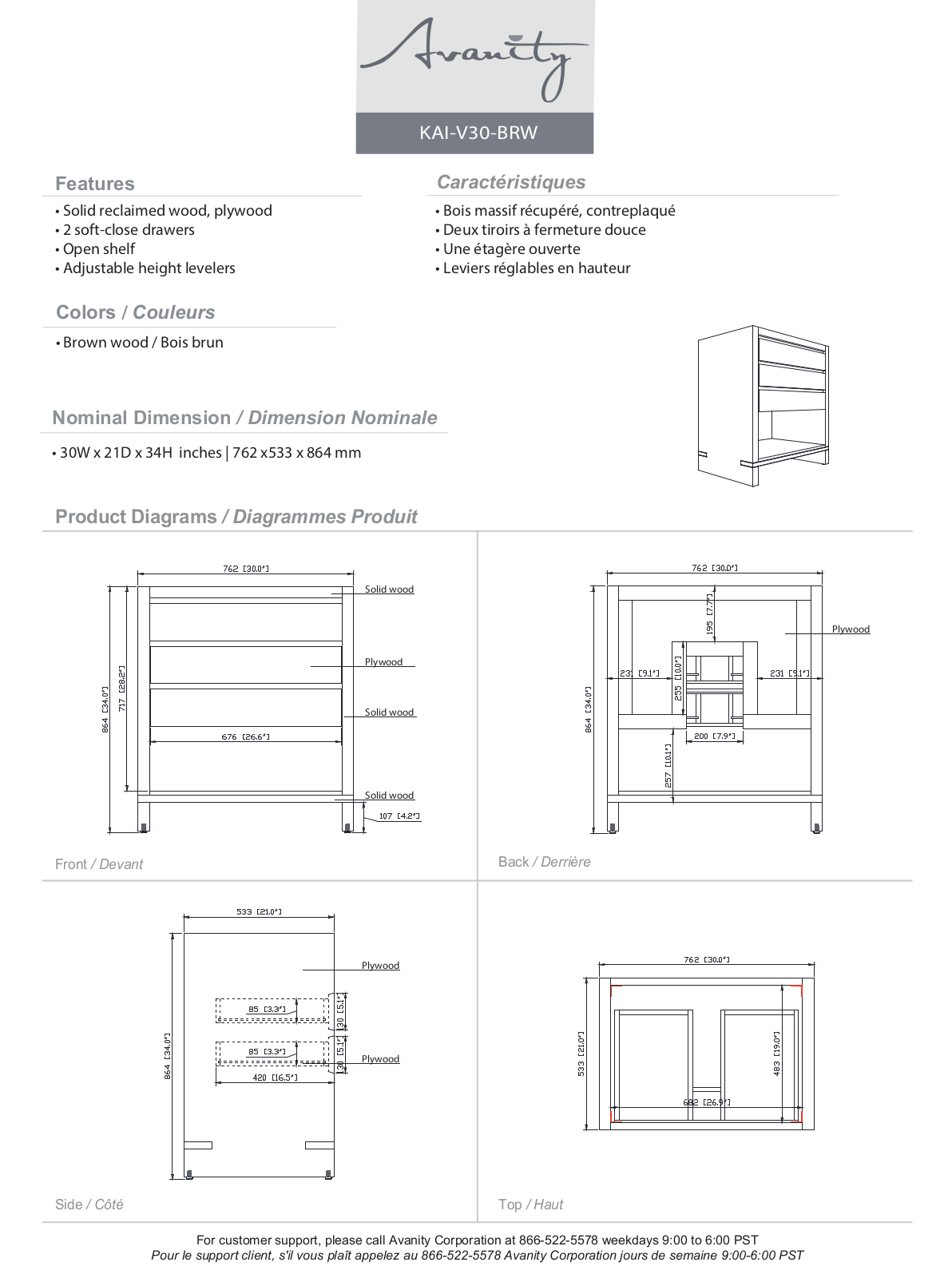 Avanity KAIV30BRW Specifications