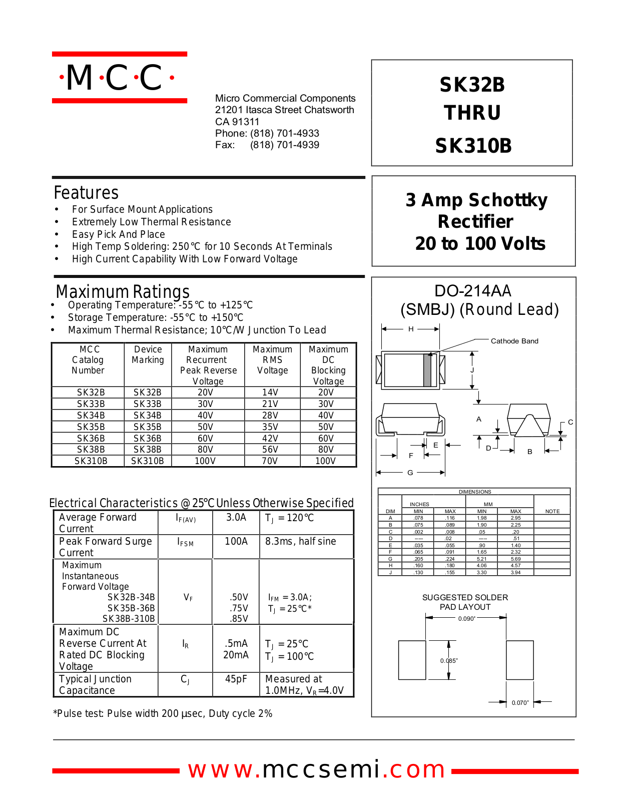 MCC SK34B, SK310B, SK32B, SK36B Datasheet