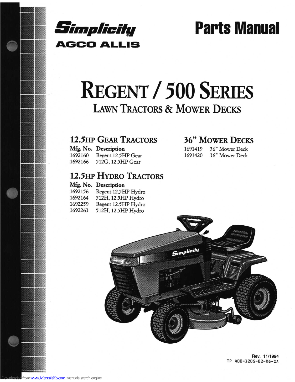 Simplicity Regent 1692156, 1691419, 1692166, 1691420, 1692259 Parts Manual