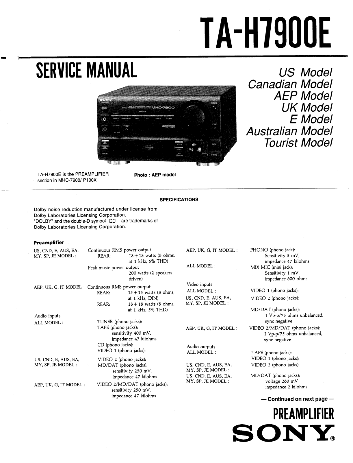 Sony TA H7900E Diagram