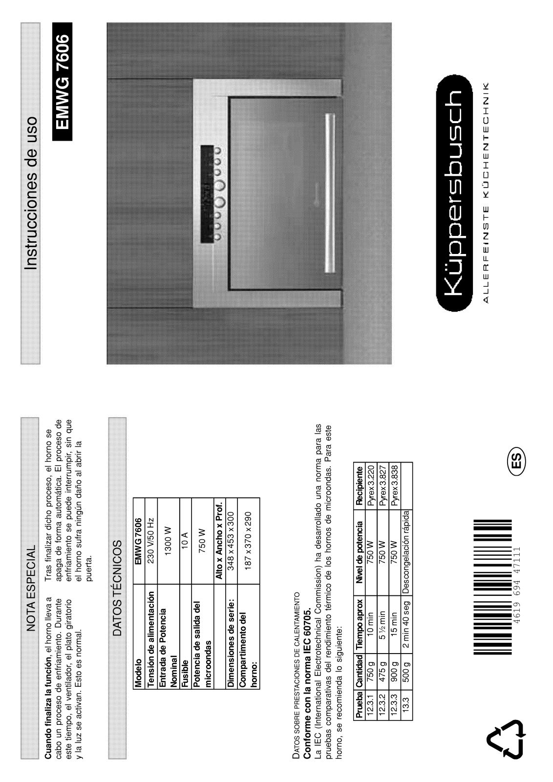 Whirlpool EMWG7606.0M INSTRUCTION FOR USE