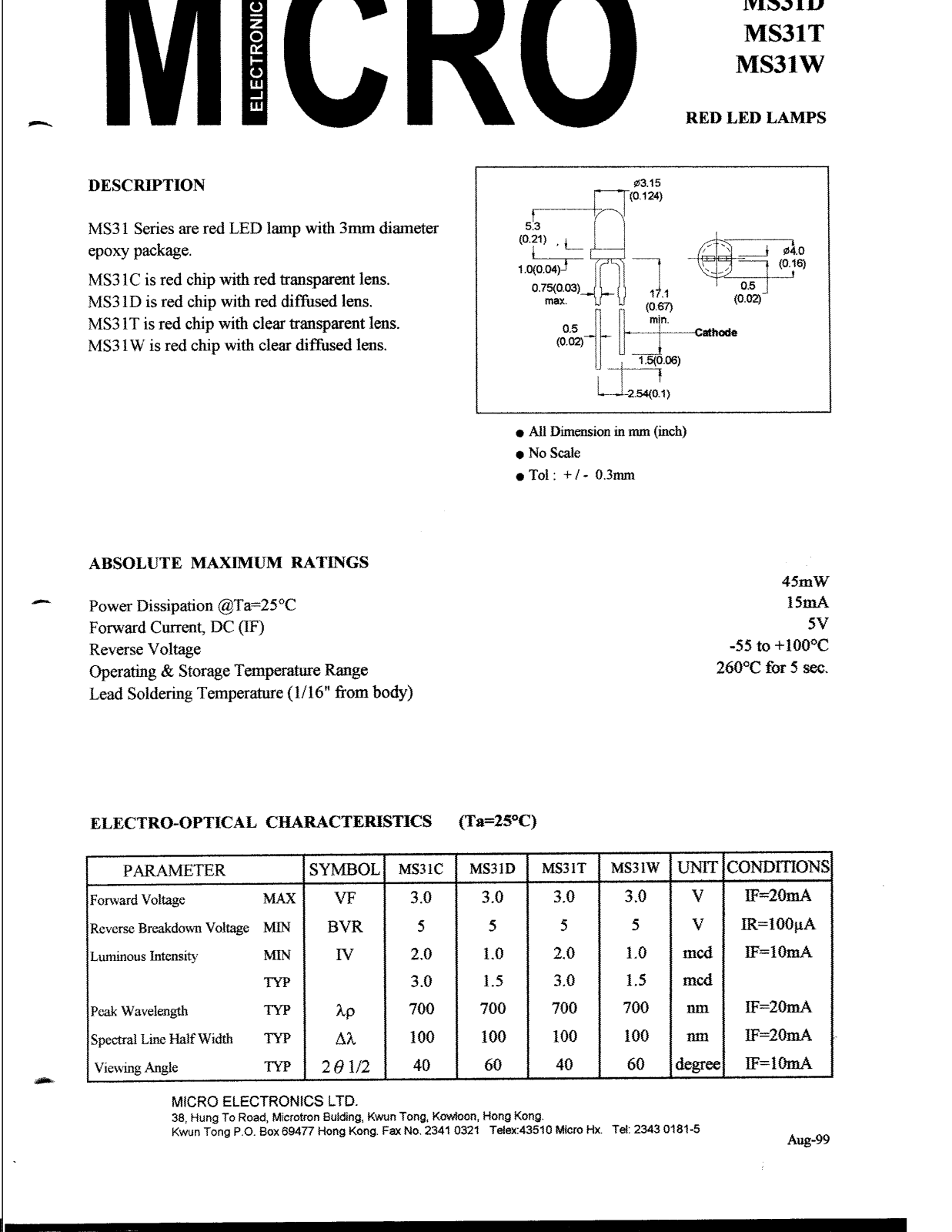 MICRO MS31W, MS31D, MS31T, MS31C Datasheet