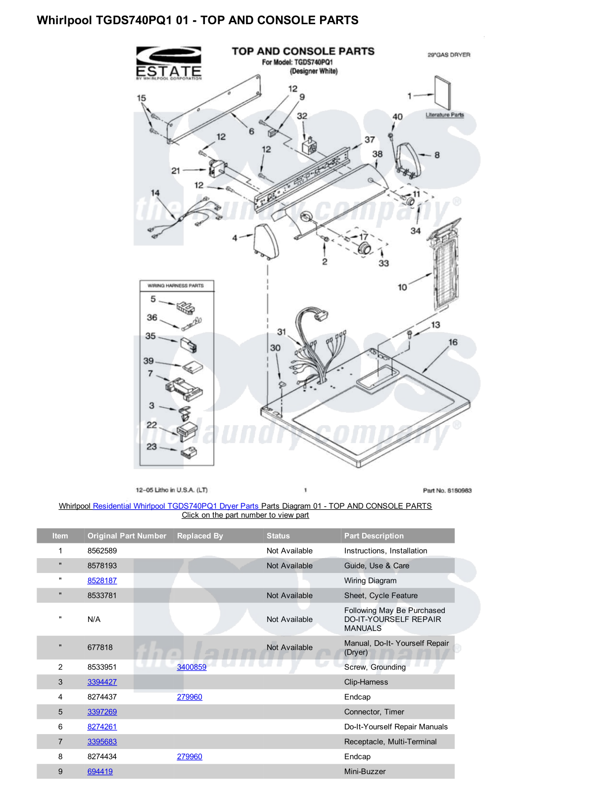 Whirlpool TGDS740PQ1 Parts Diagram