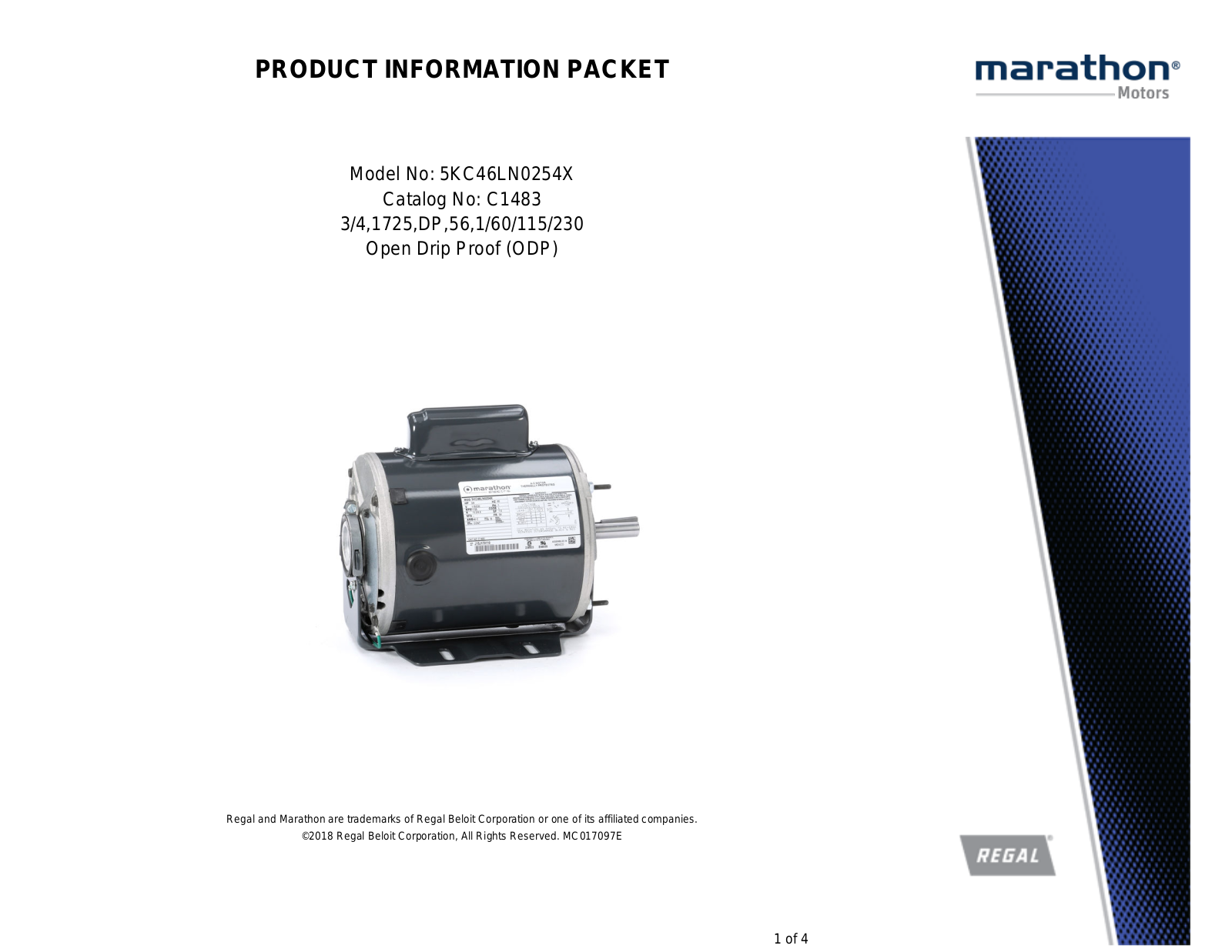 Marathon Electric 5KC46LN0254X Product Information Packet