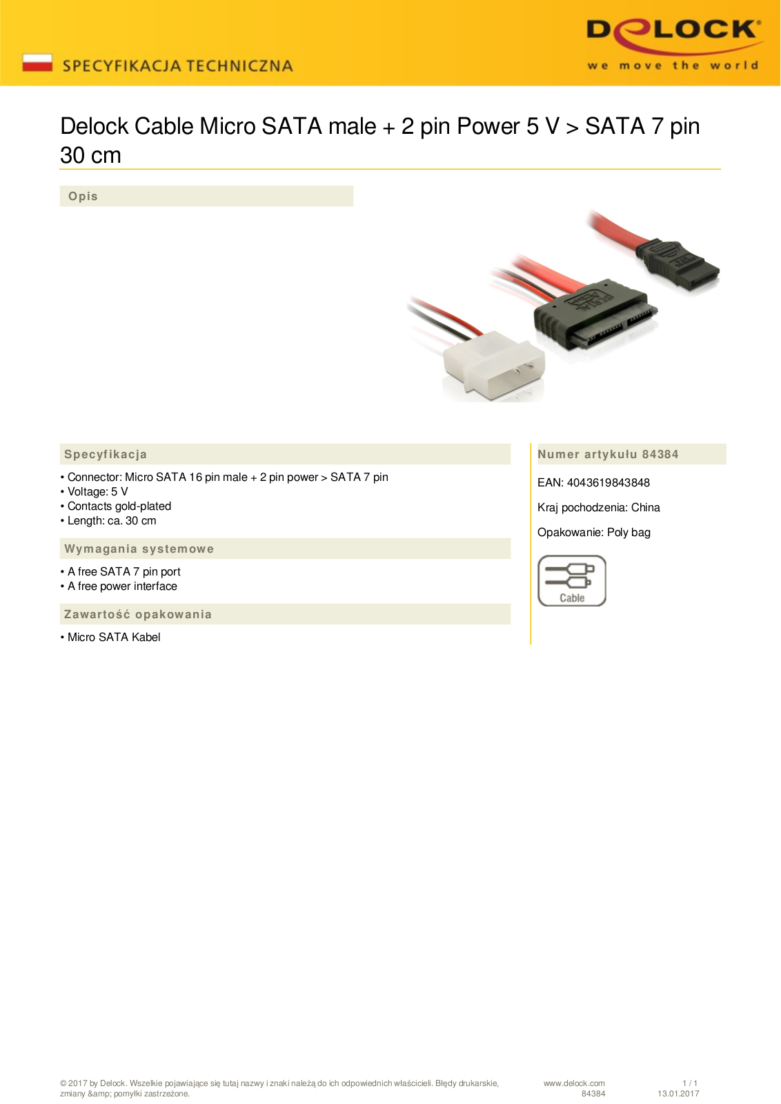 DeLOCK micro SATA [socket] to SATA cable 0.3m User Manual