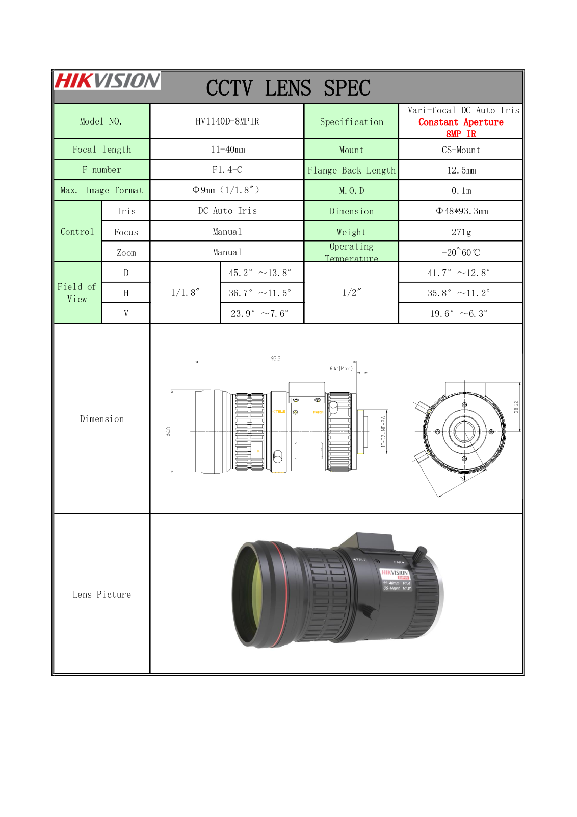 Hikvision HV1140D-8MPIR Specsheet