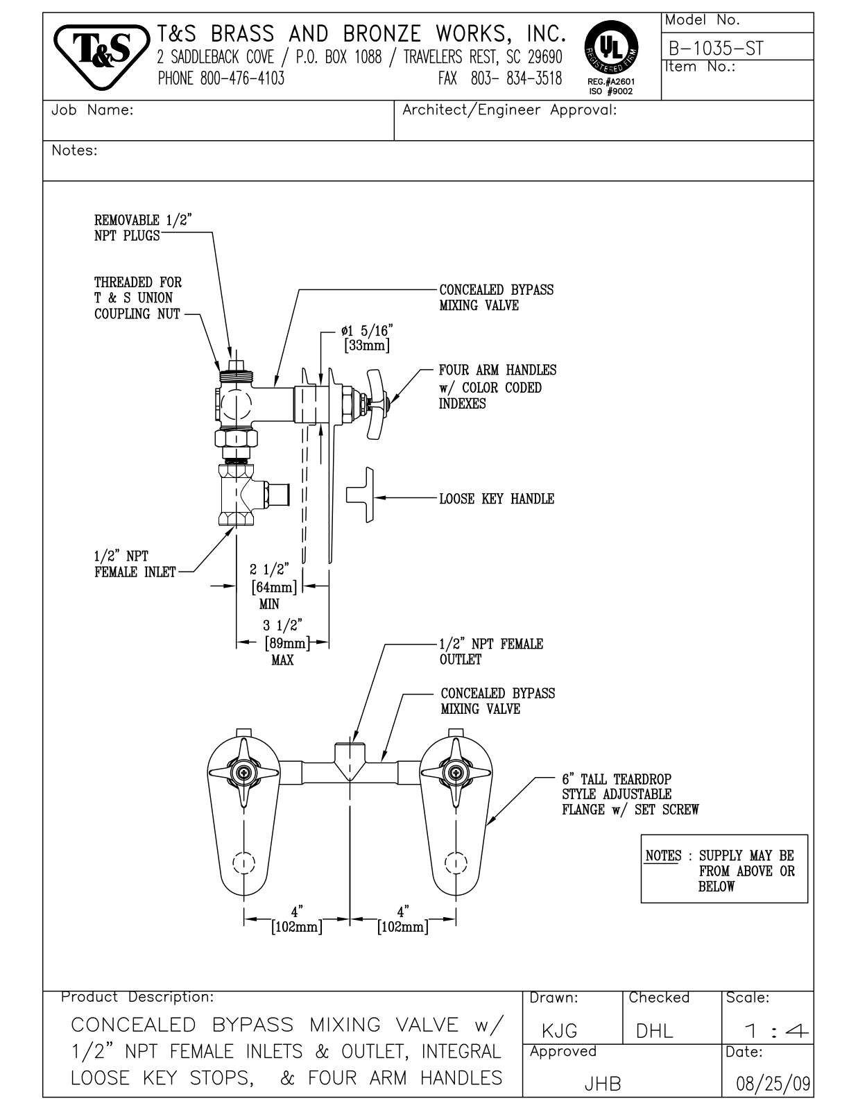 T & S Brass & Bronze Works B-1035-ST General Manual