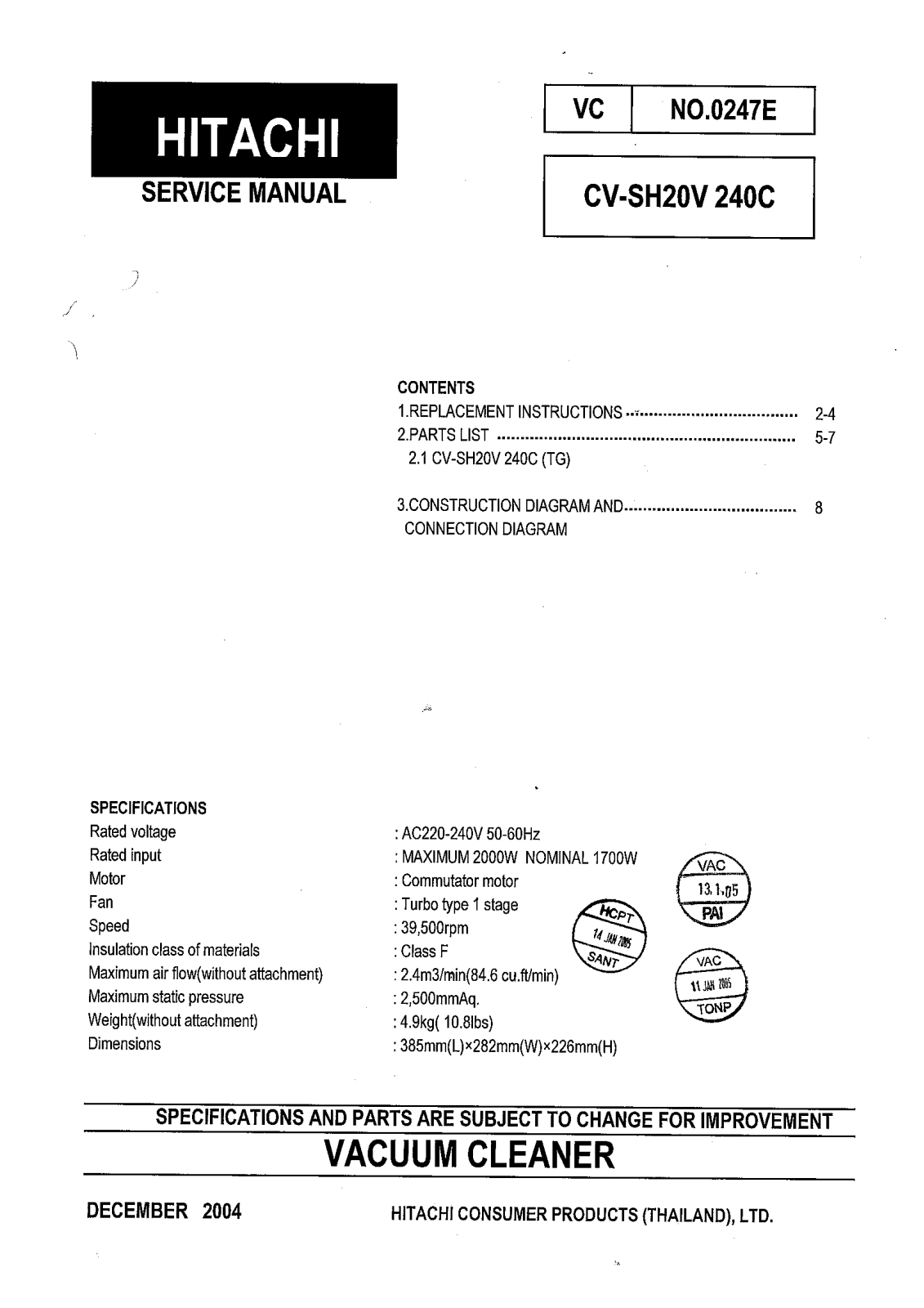 Hitachi CV-SH20V 240C Service Manual