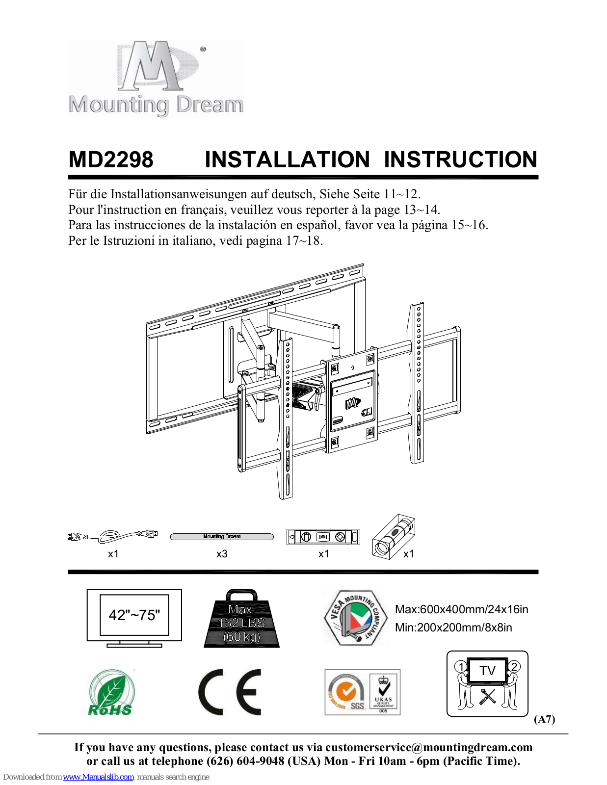 Mounting Dream MD2298, MD2296, MD2268-LK Installation Instruction - ManualMachine.com