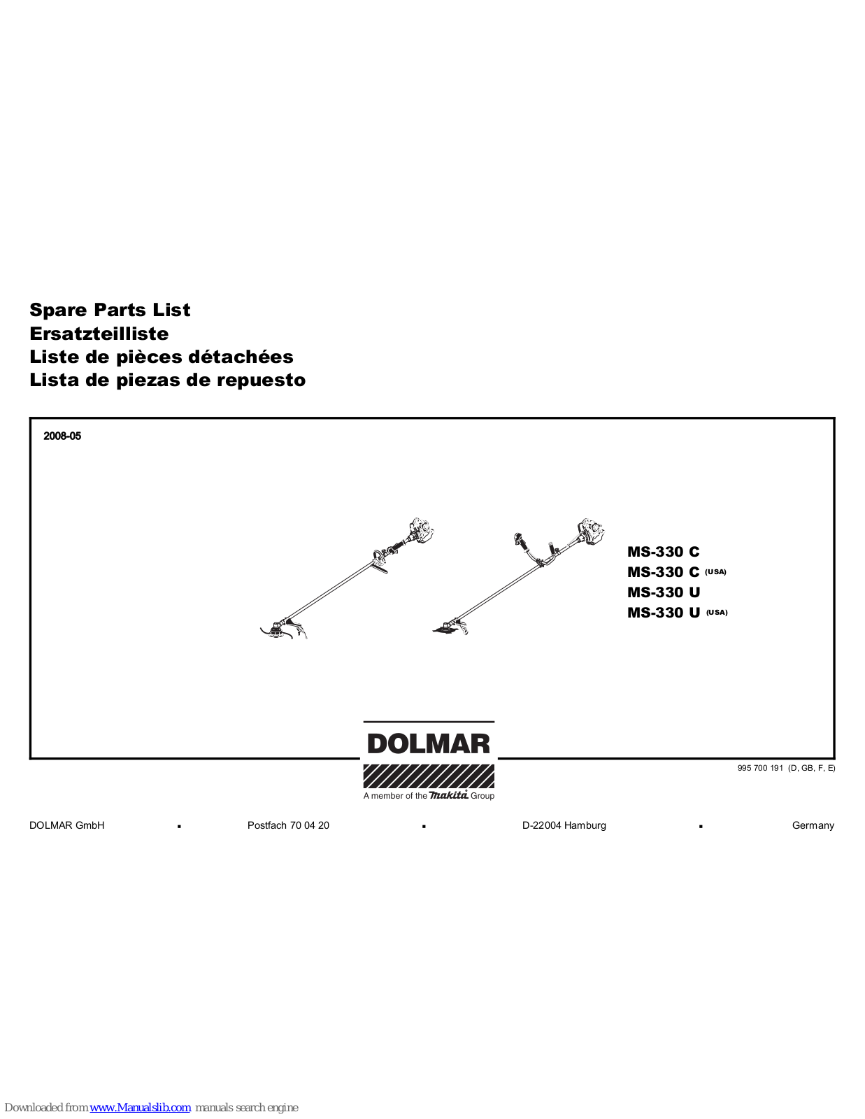 Dolmar MS-330 C (USA), MS-330 U Spare Parts List