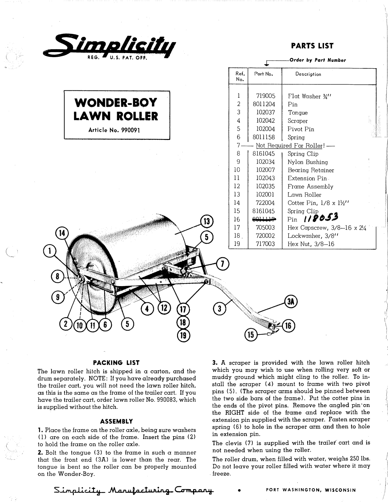 Simplicity 990091 Parts list