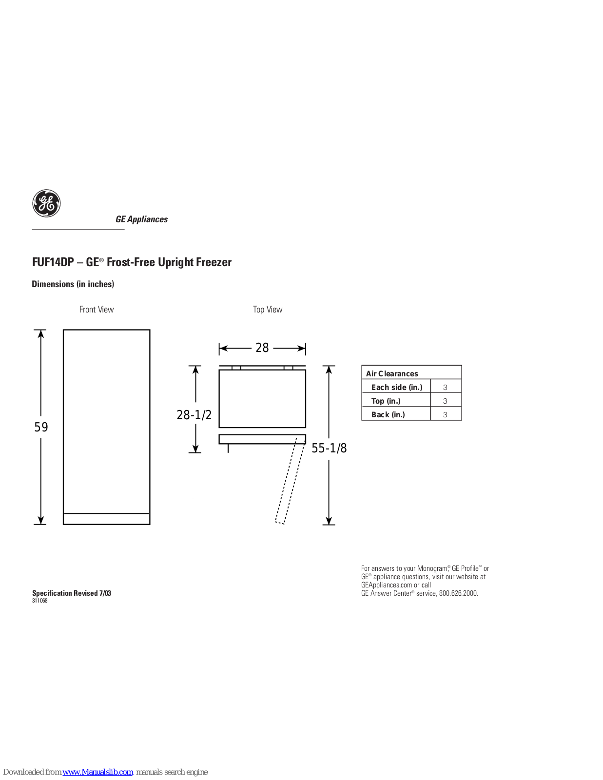 GE FUF14DPRWH, FUF14DP Dimensions And Installation Information