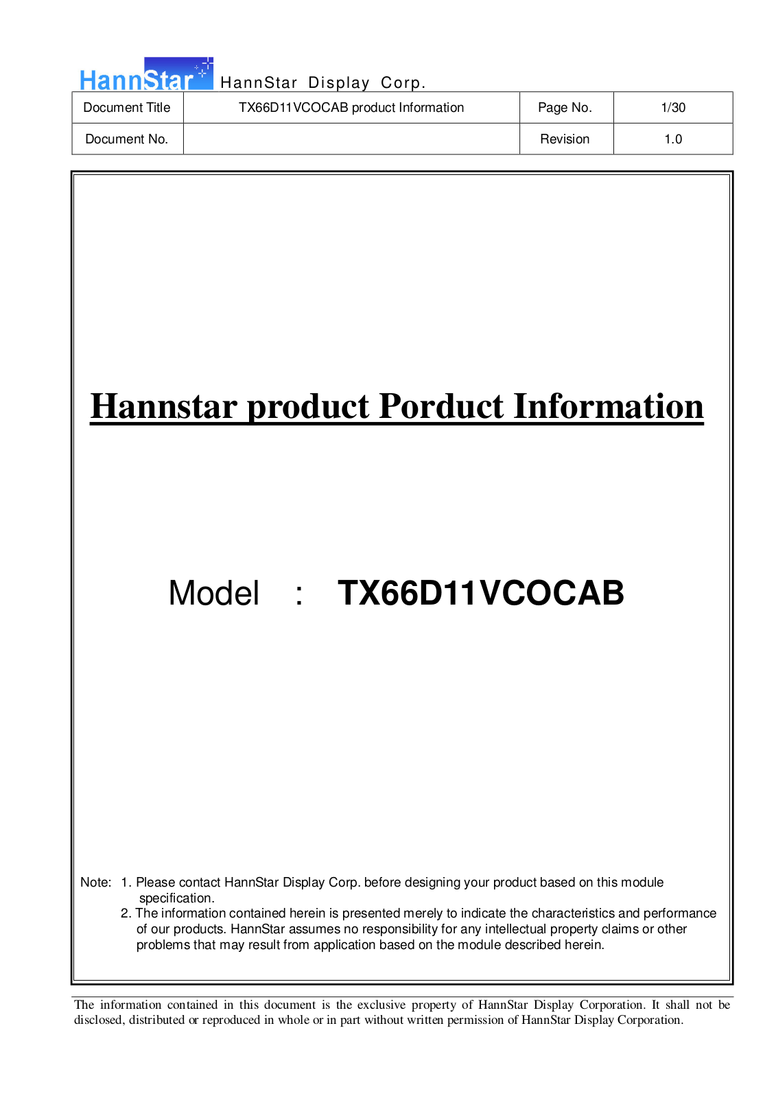 HITACHI TX66D11VC0CAB Specification