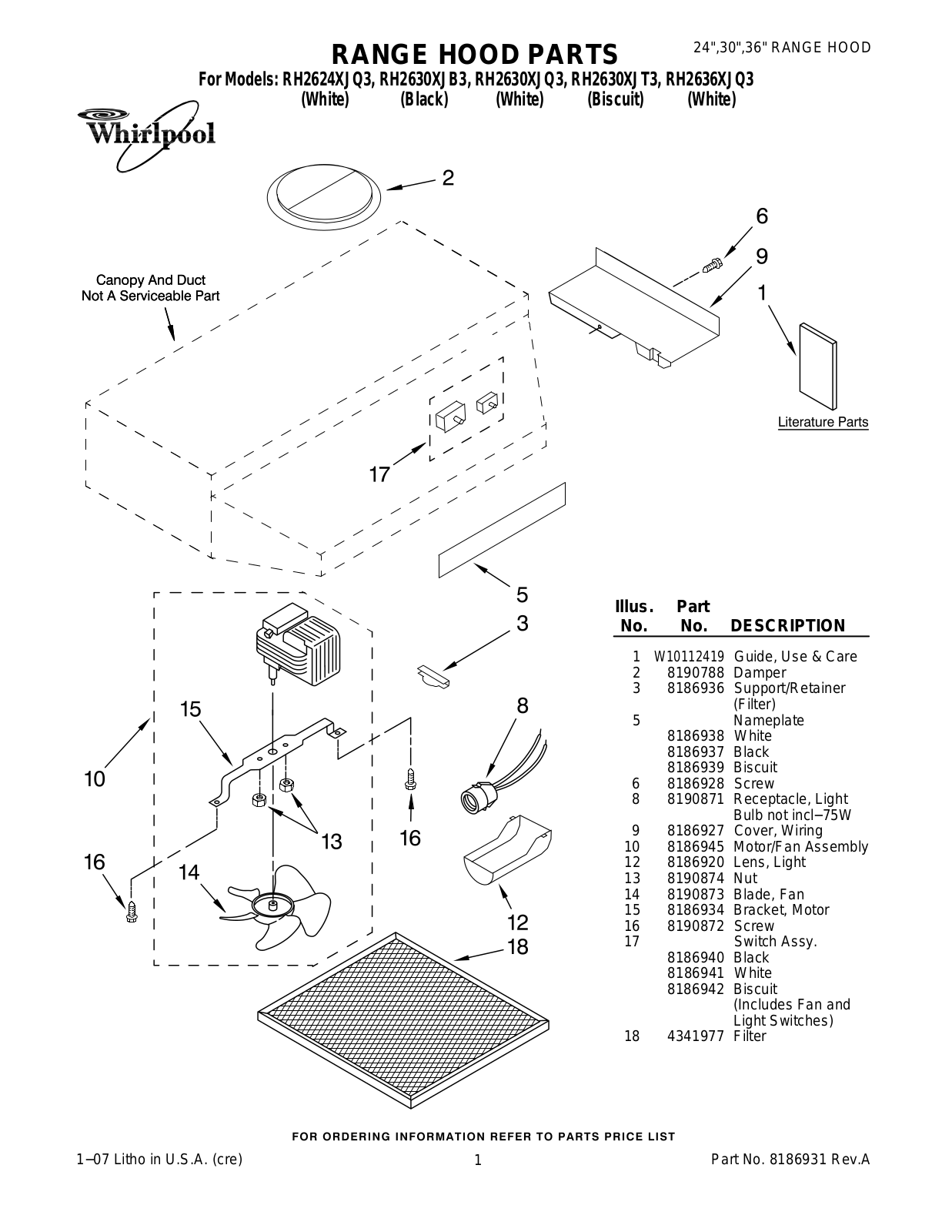 Whirlpool RH2624XJQ3, RH2630XJB3, RH2630XJQ3, RH2630XJT3, RH2636XJQ3 User Manual