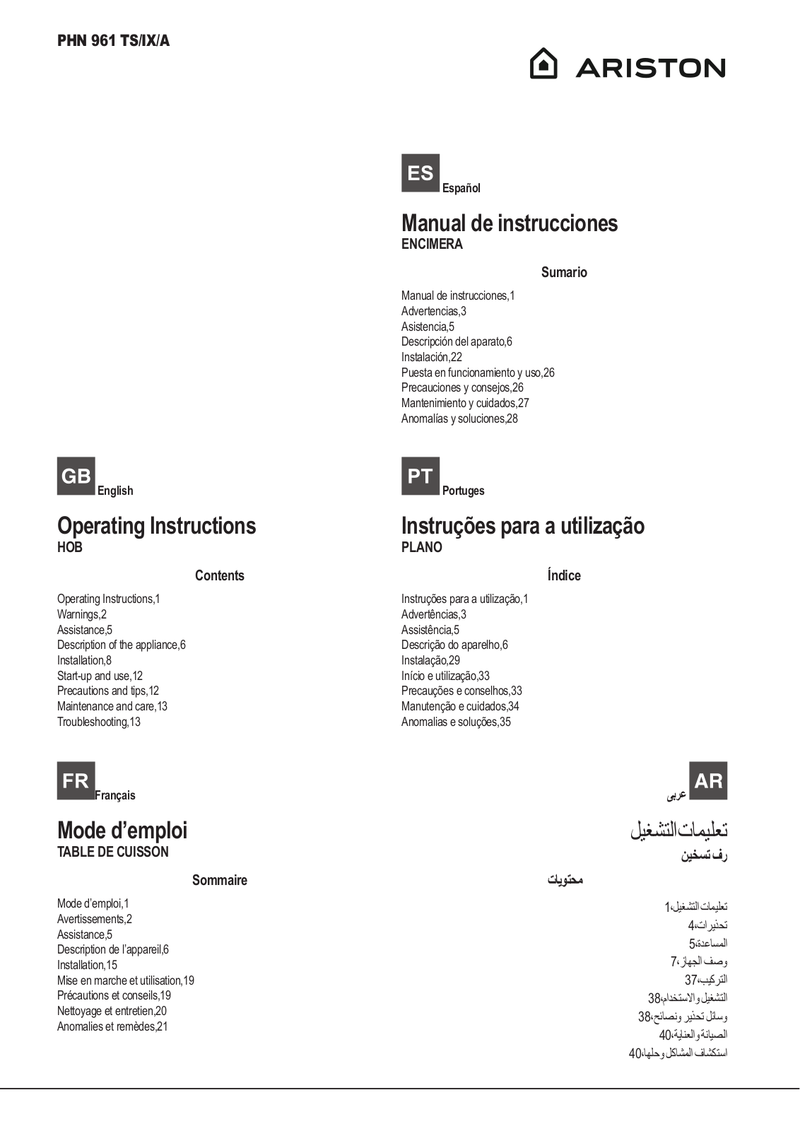 Hotpoint PHN 961 TS/IX/A User Manual