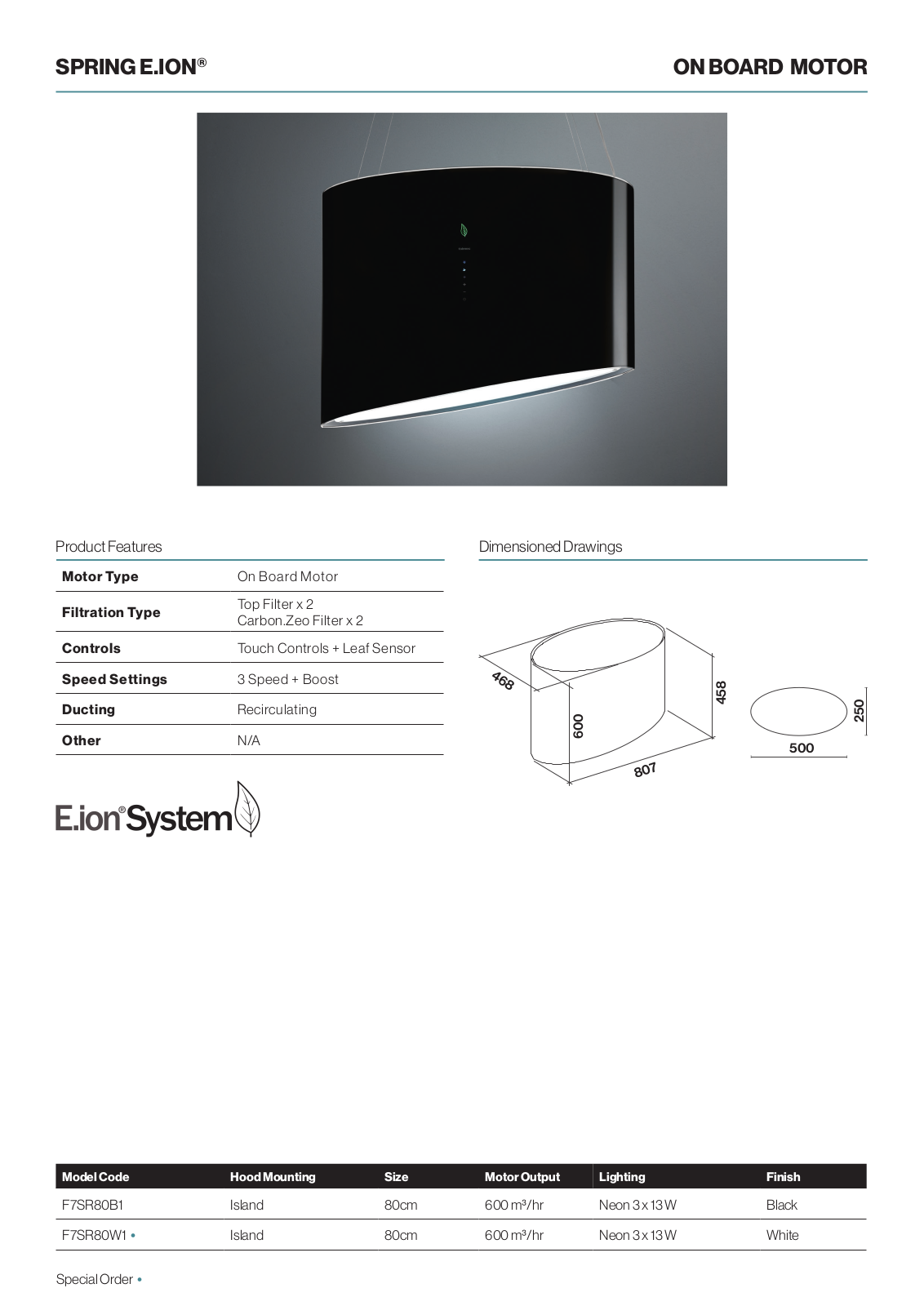 Falmec F7SR80B1, F7SR80W1 Specifications Sheet