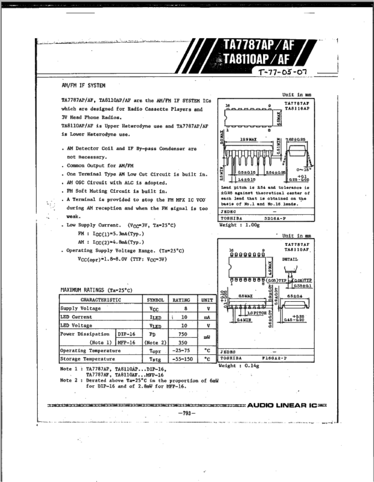 Datasheet TA7787AP Specification - ManualMachine.com