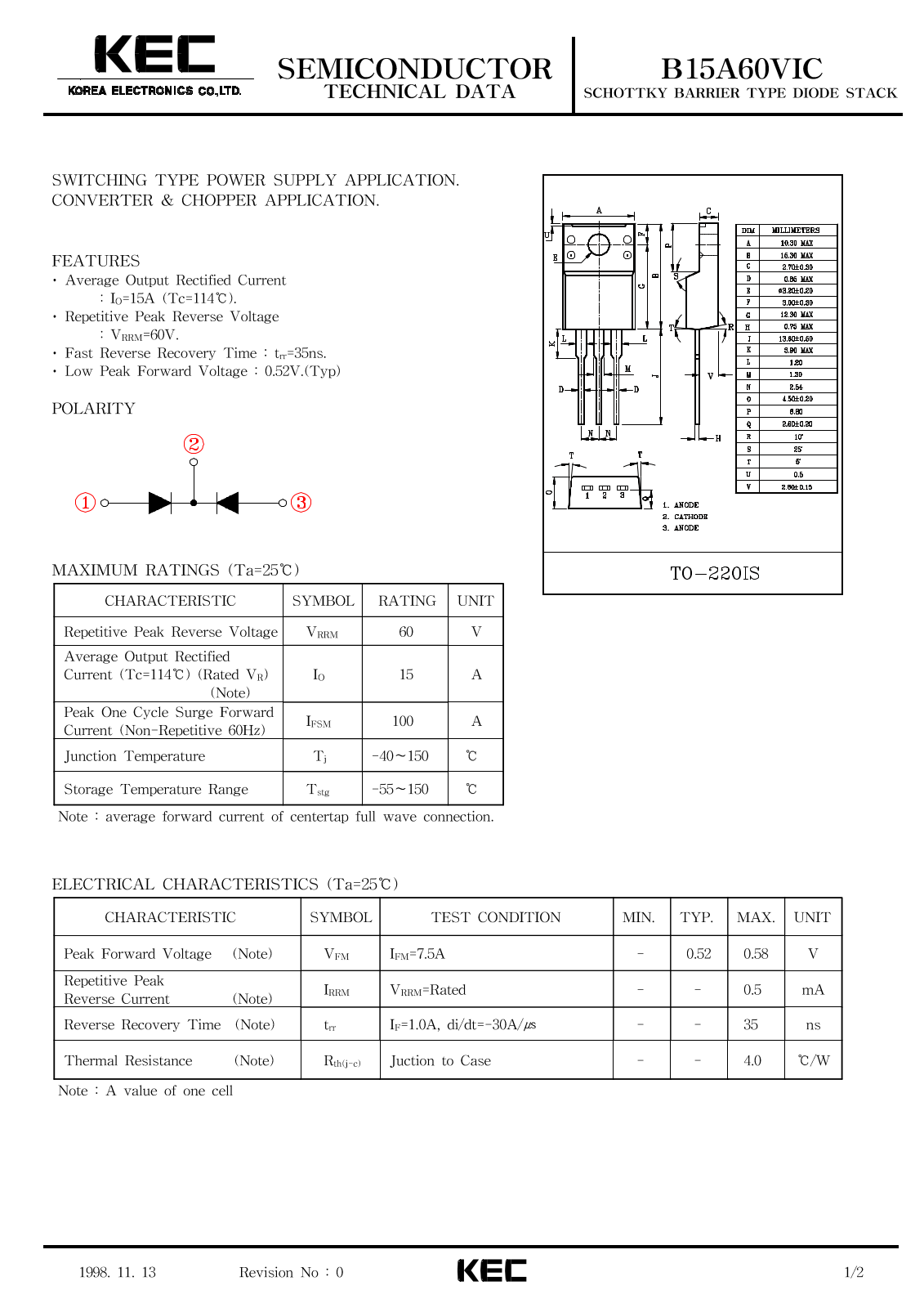 Korea Electronics Co  Ltd B15A60VIC Datasheet