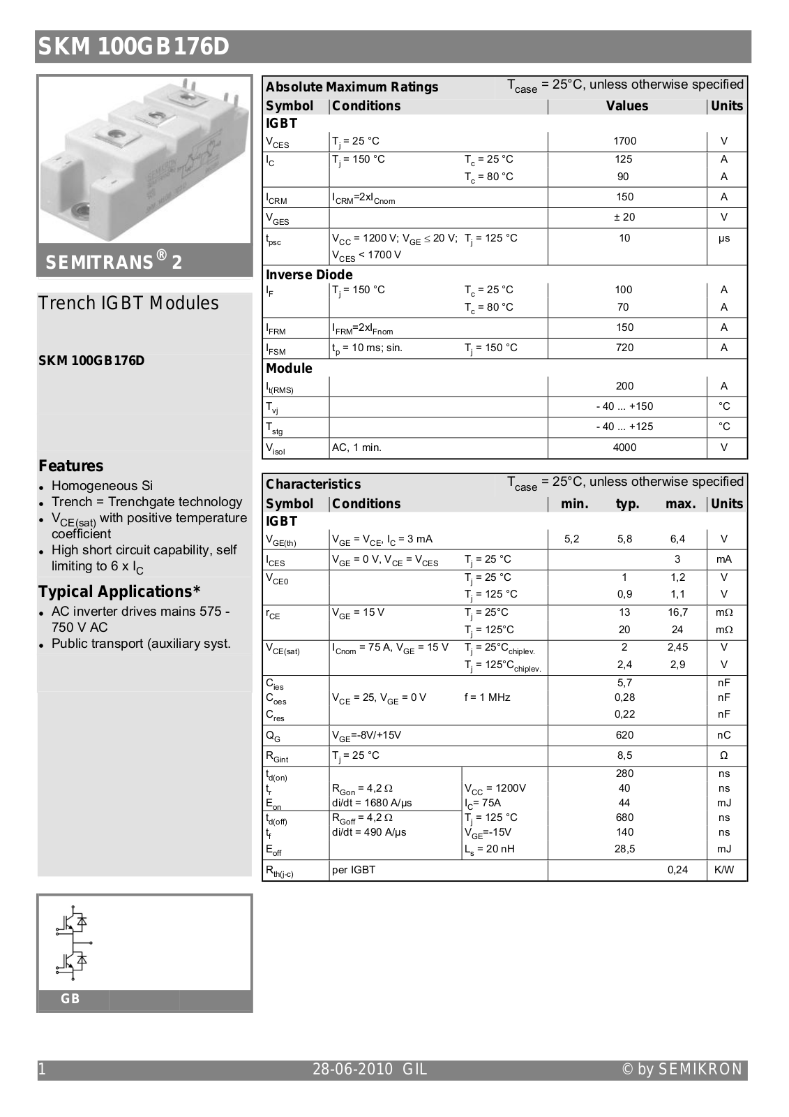 Datasheet SKM100GB176D Specification - ManualMachine.com