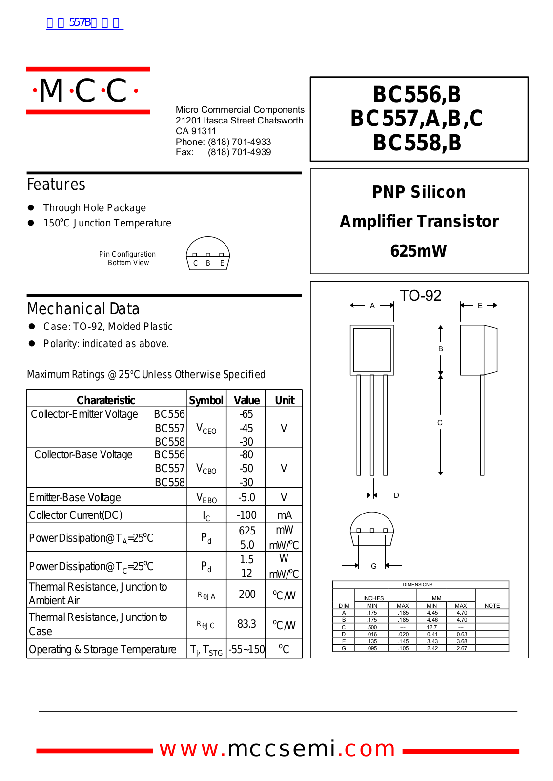 Micro Commercial Components BC556 Technical data