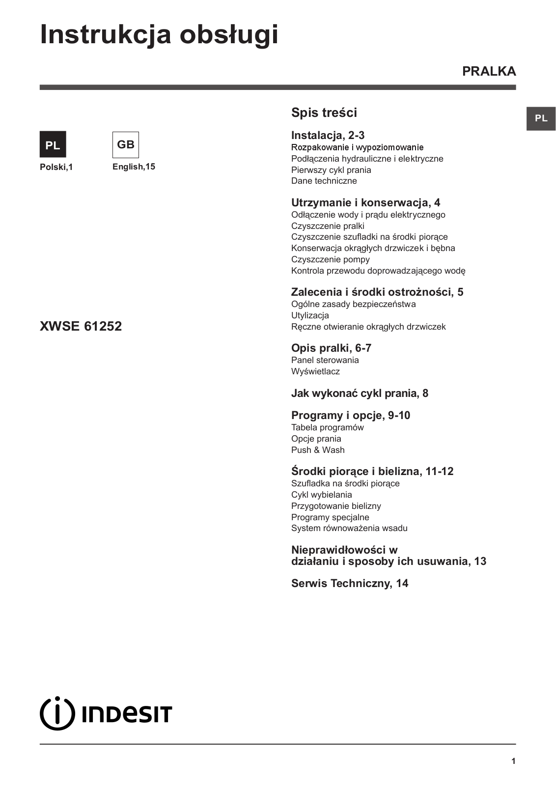 INDESIT XWSE 61252 W PL.L User Manual