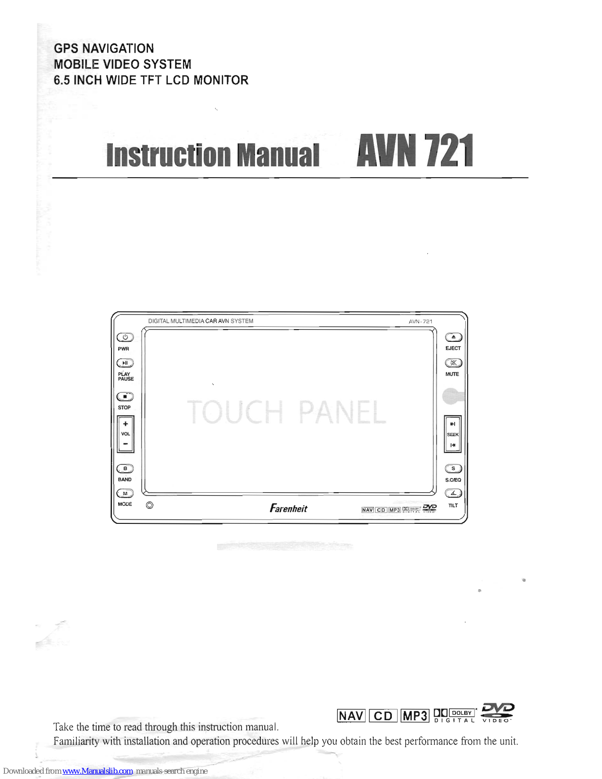 Farenheit 6.5 inch Wide TFT LCD Monitor AVN 721, AVN 721 Instruction Manual