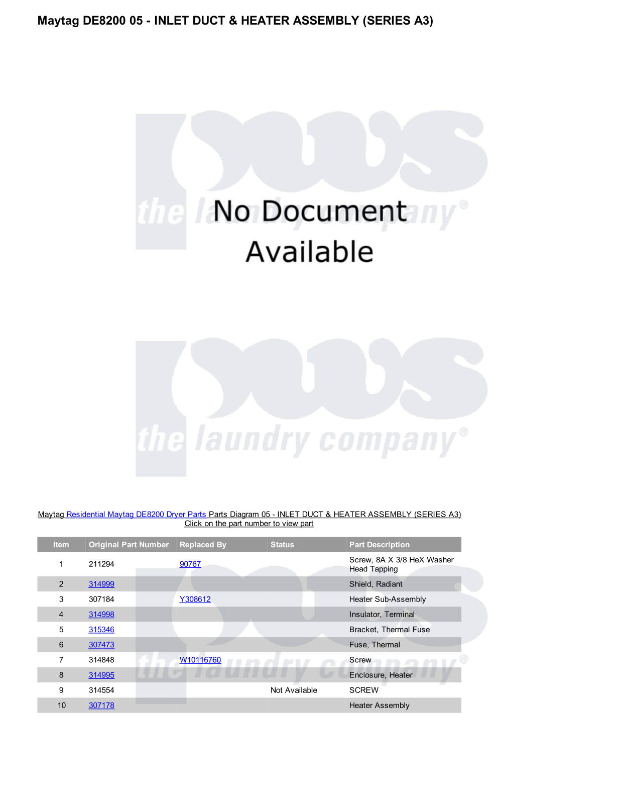 Maytag DE8200 Parts Diagram