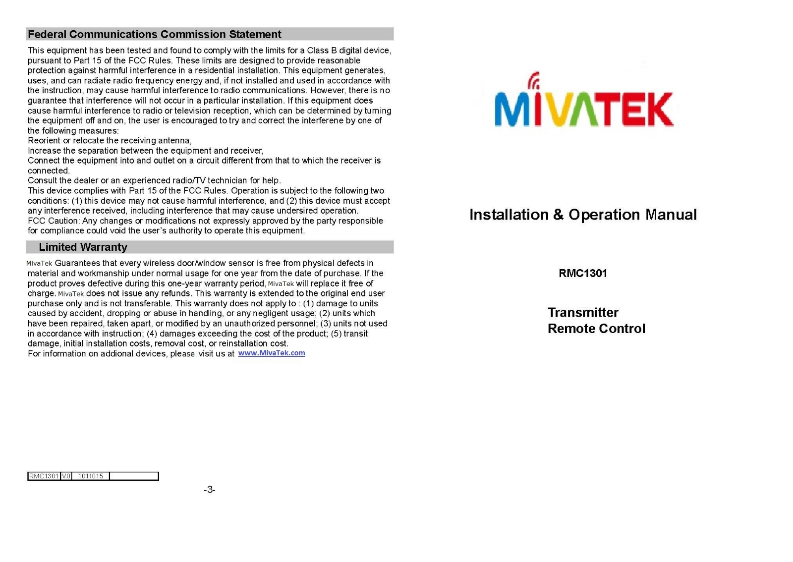 MivaTek RMC02 Users Manual