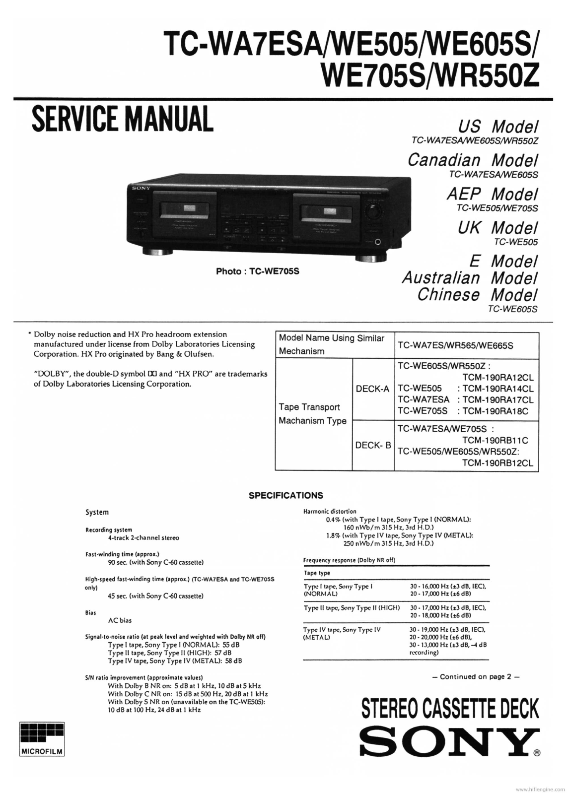 Sony tc-we505 Service Manual