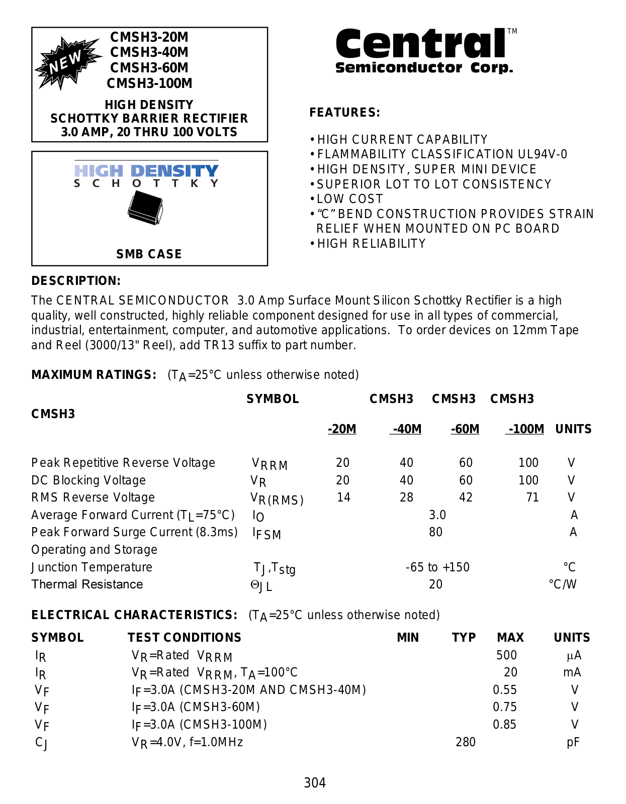 CENTR CMSH3-60M, CMSH3-40M, CMSH3-20M, CMSH3-100M Datasheet